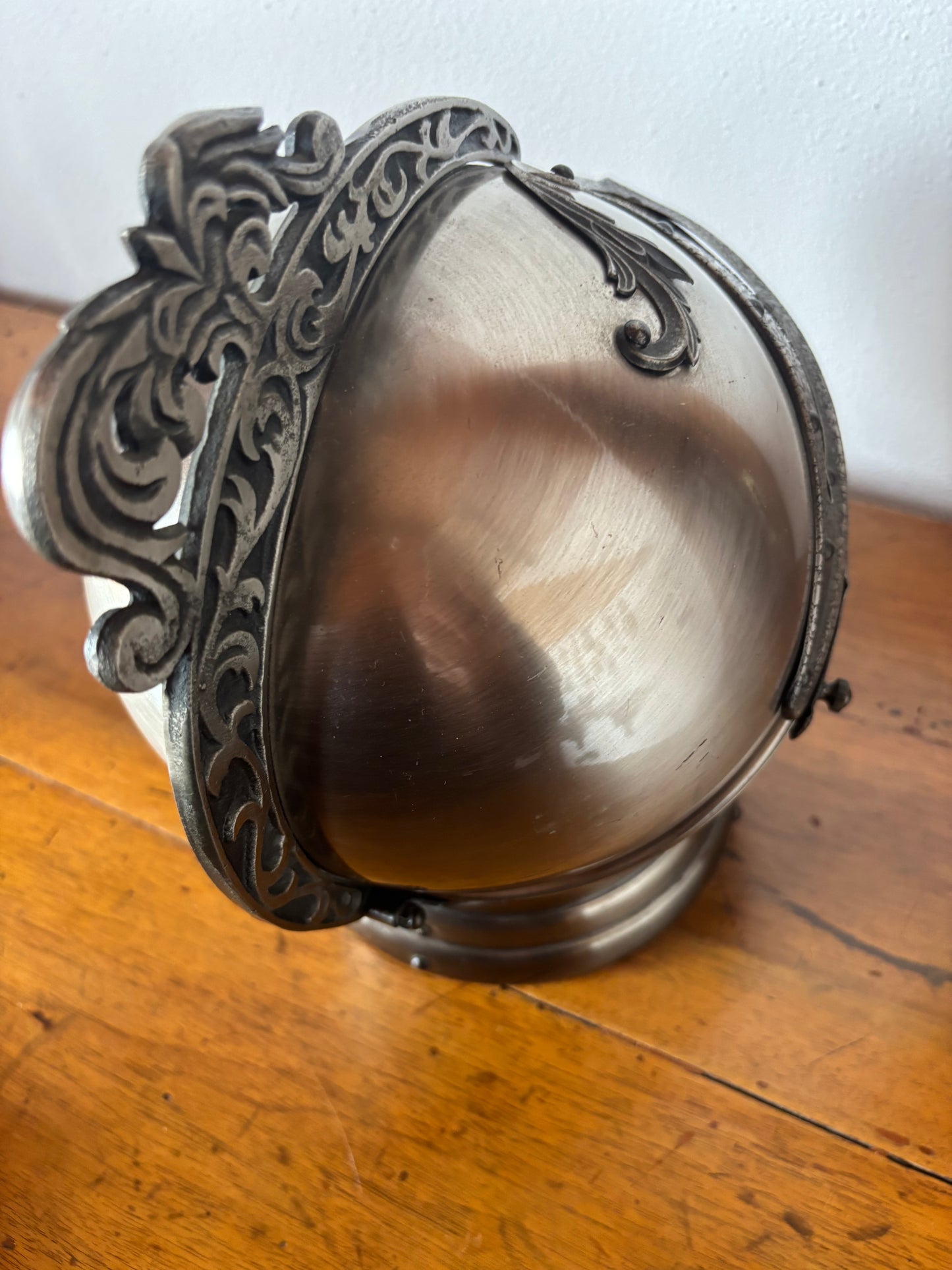 Vintage bar helmet with music box and liquor set