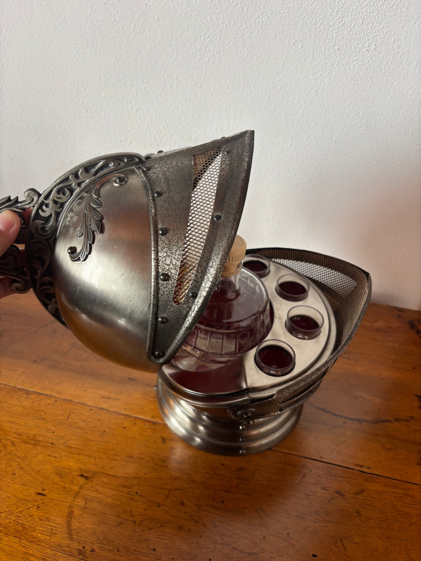 Vintage bar helmet with music box and liquor set