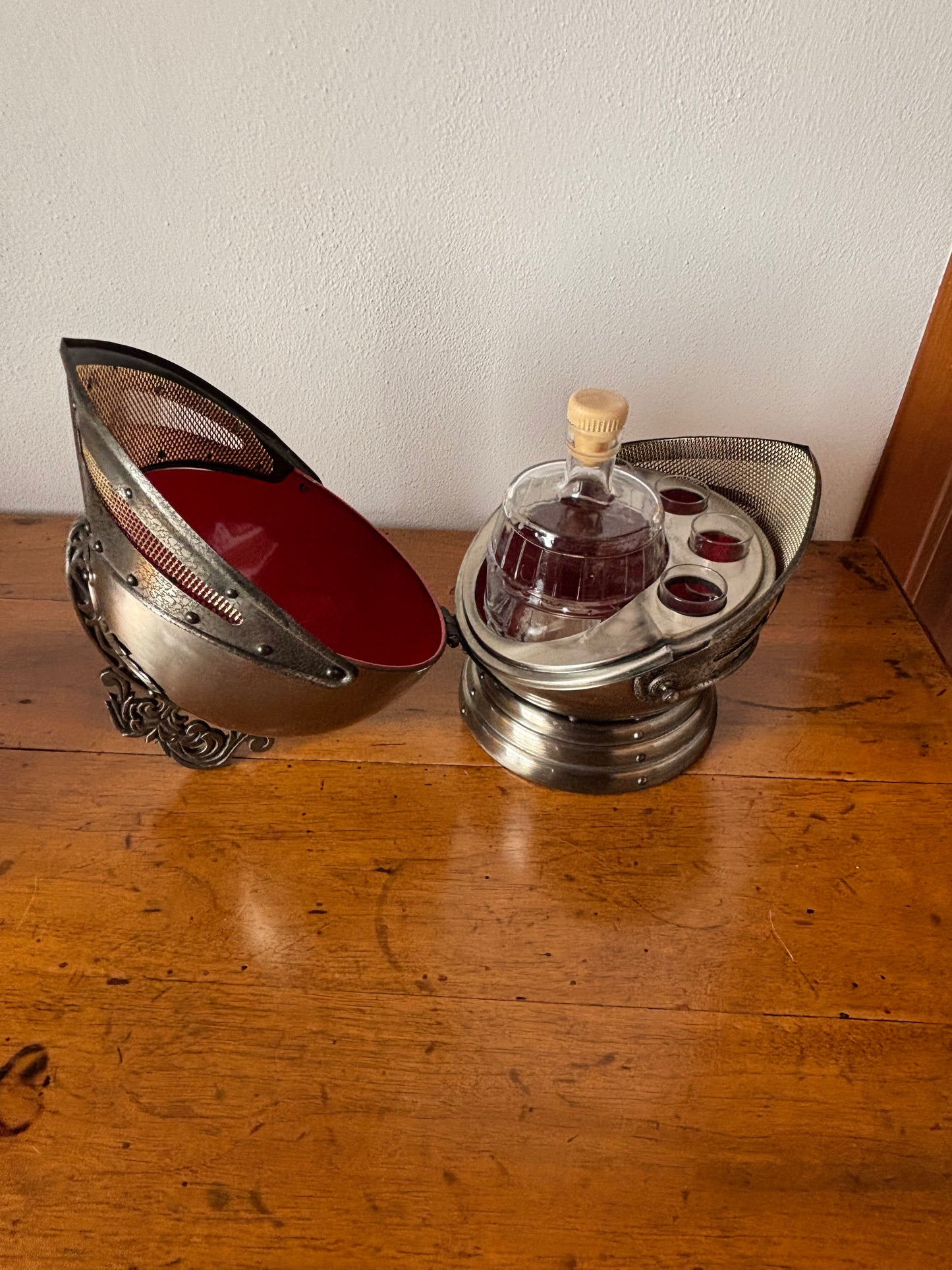 Vintage bar helmet with music box and liquor set