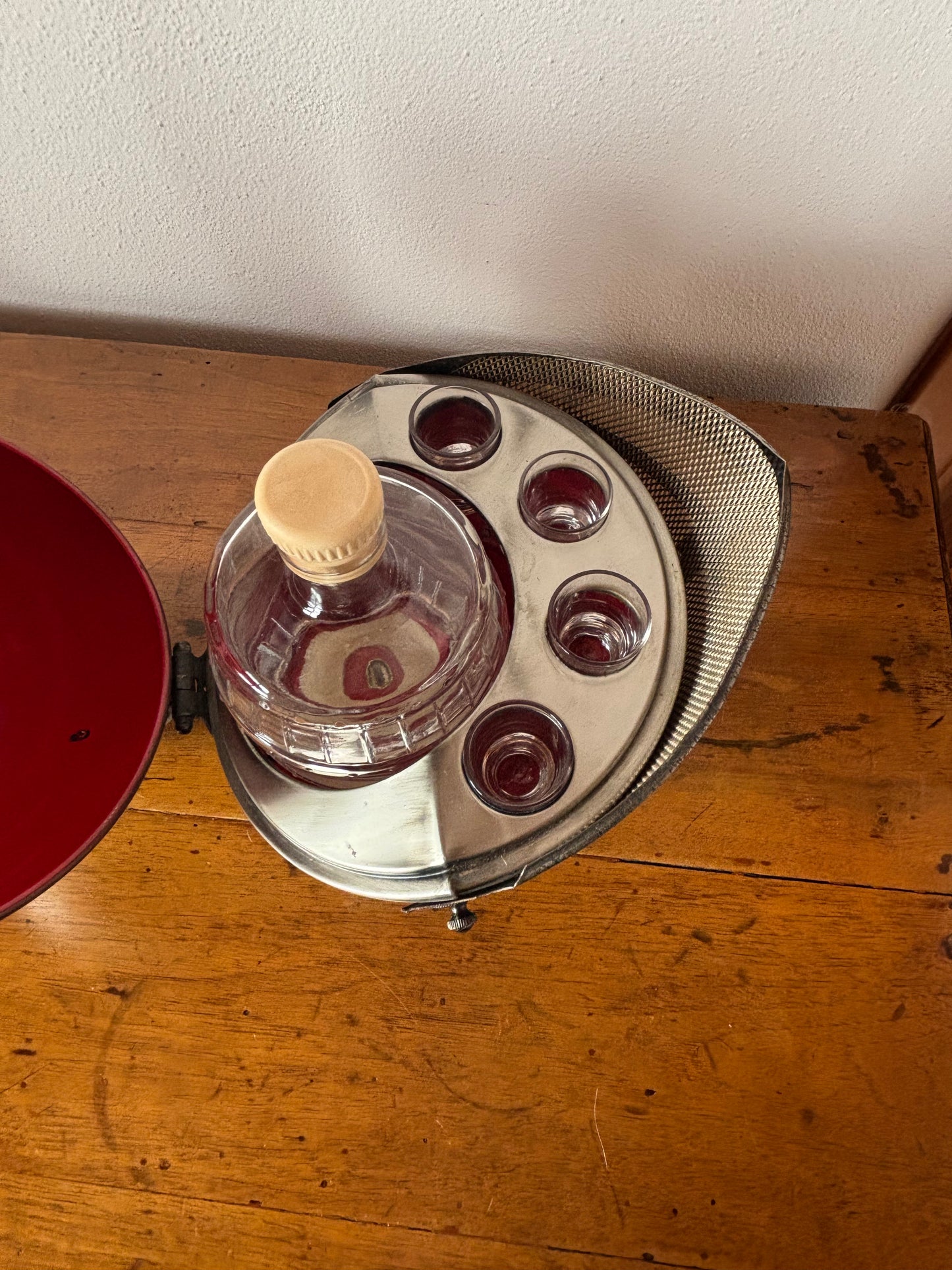 Vintage bar helmet with music box and liquor set