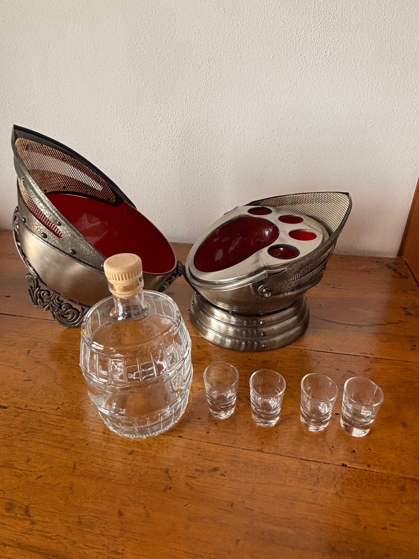 Vintage bar helmet with music box and liquor set