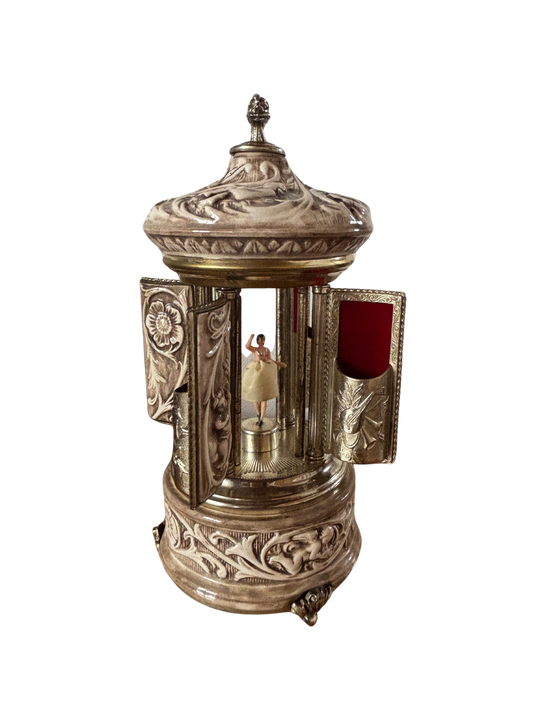 Porta sigarette vintage con carillon e ballerina – oggetto decorativo da collezione