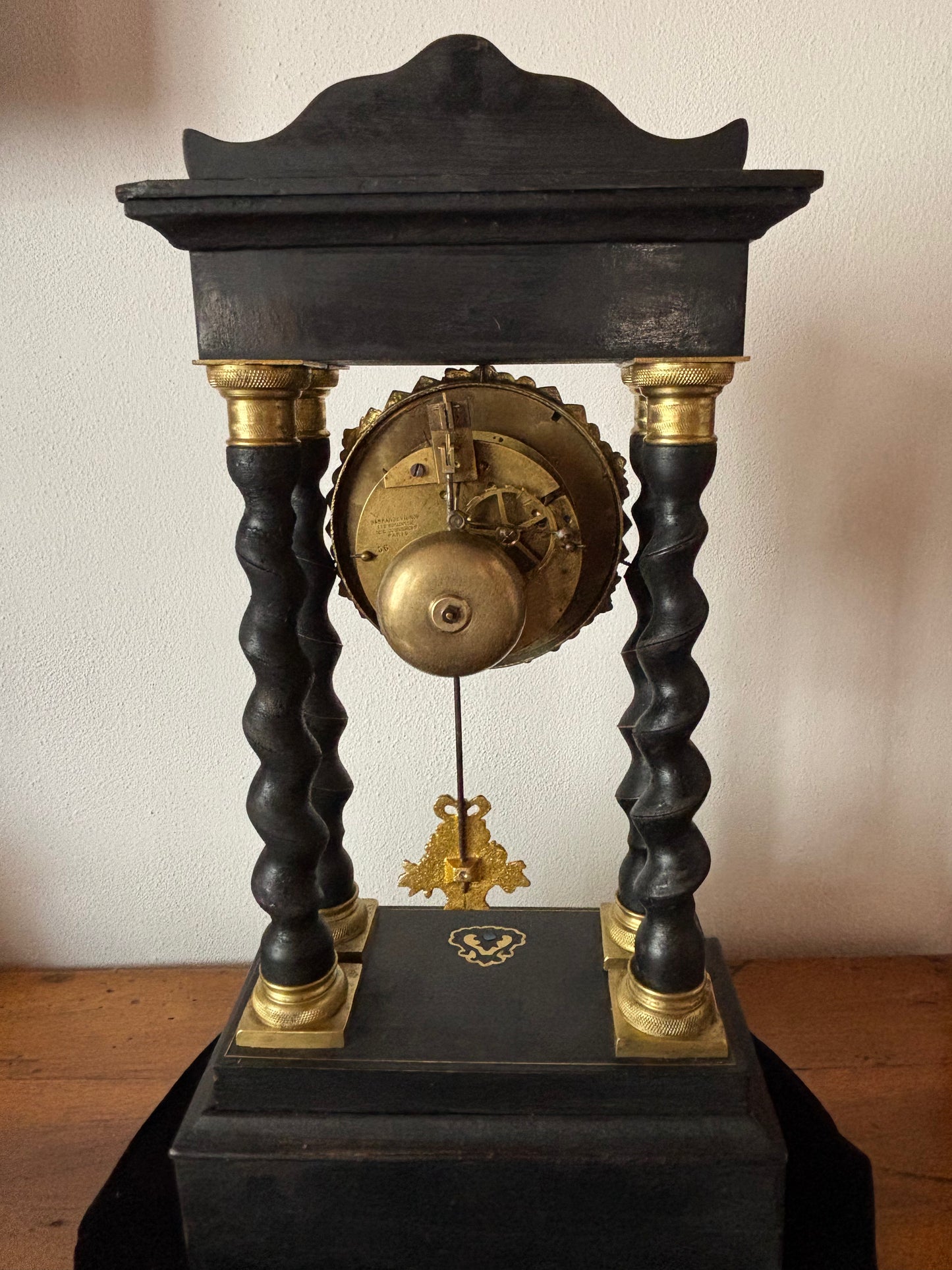 Napoleon III Period Wooden Pendulum Clock with Metal Inlays