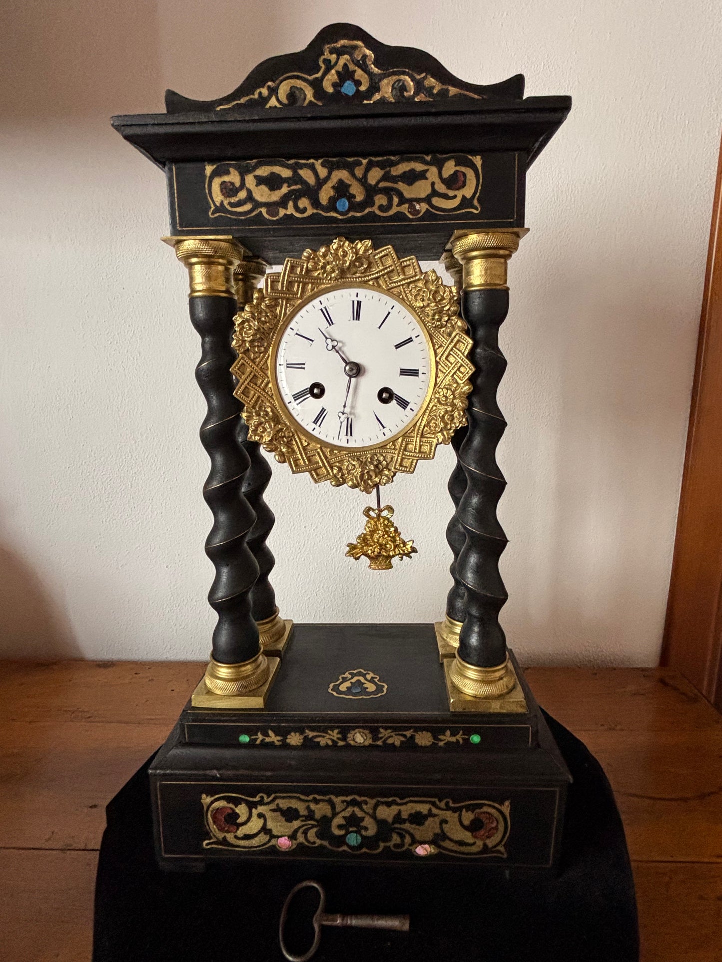 Napoleon III Period Wooden Pendulum Clock with Metal Inlays