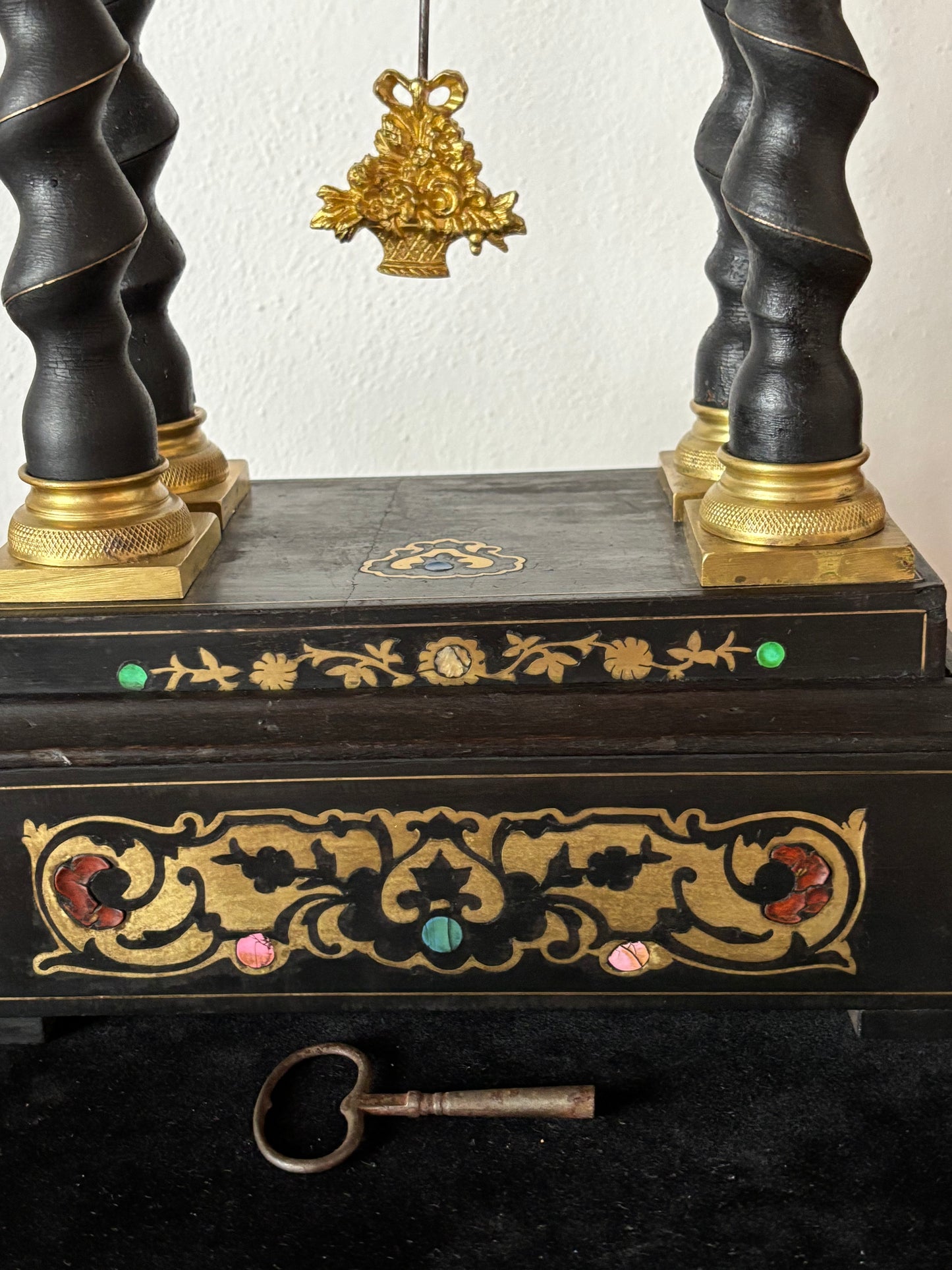 Napoleon III Period Wooden Pendulum Clock with Metal Inlays