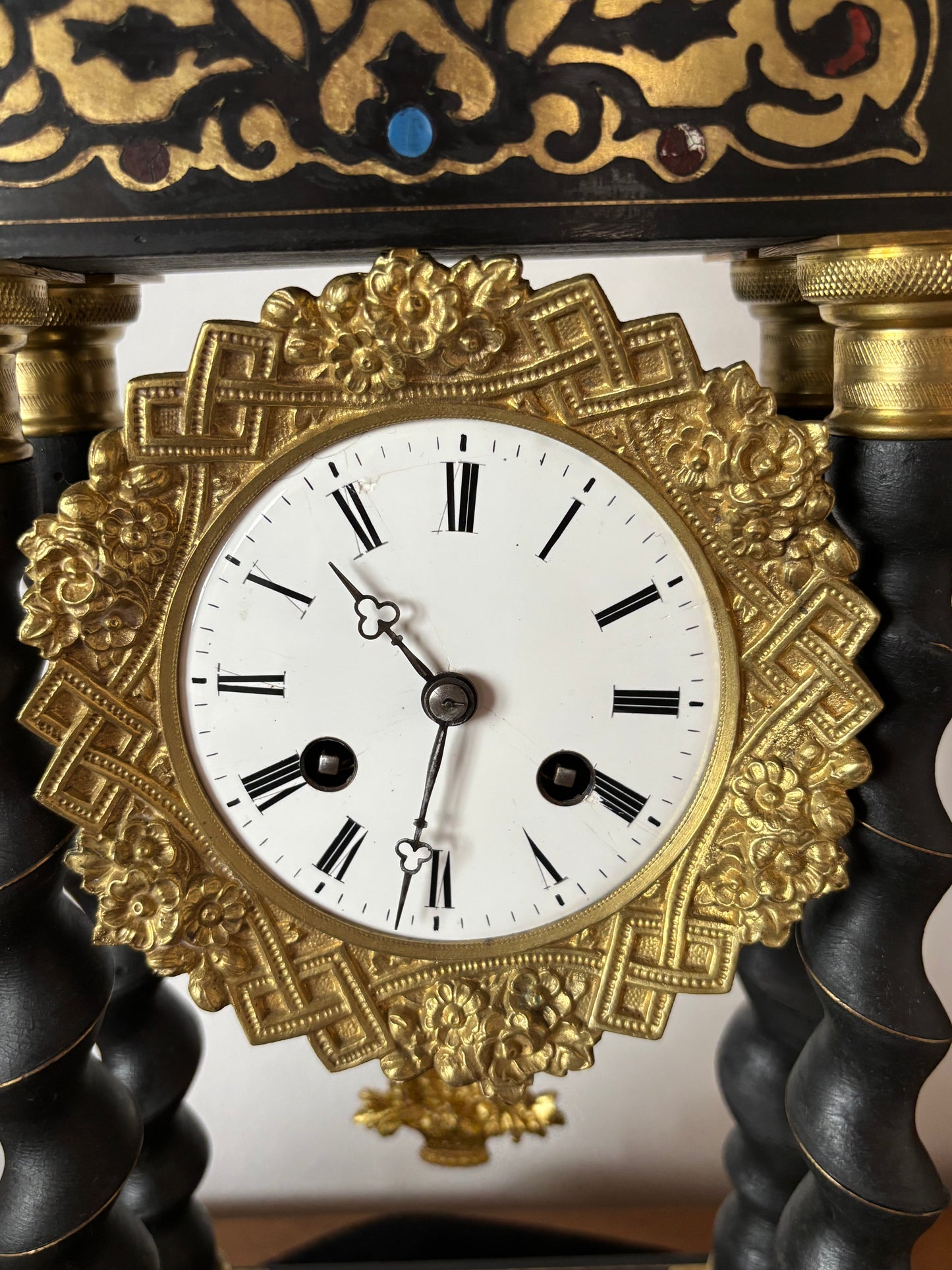 Napoleon III Period Wooden Pendulum Clock with Metal Inlays