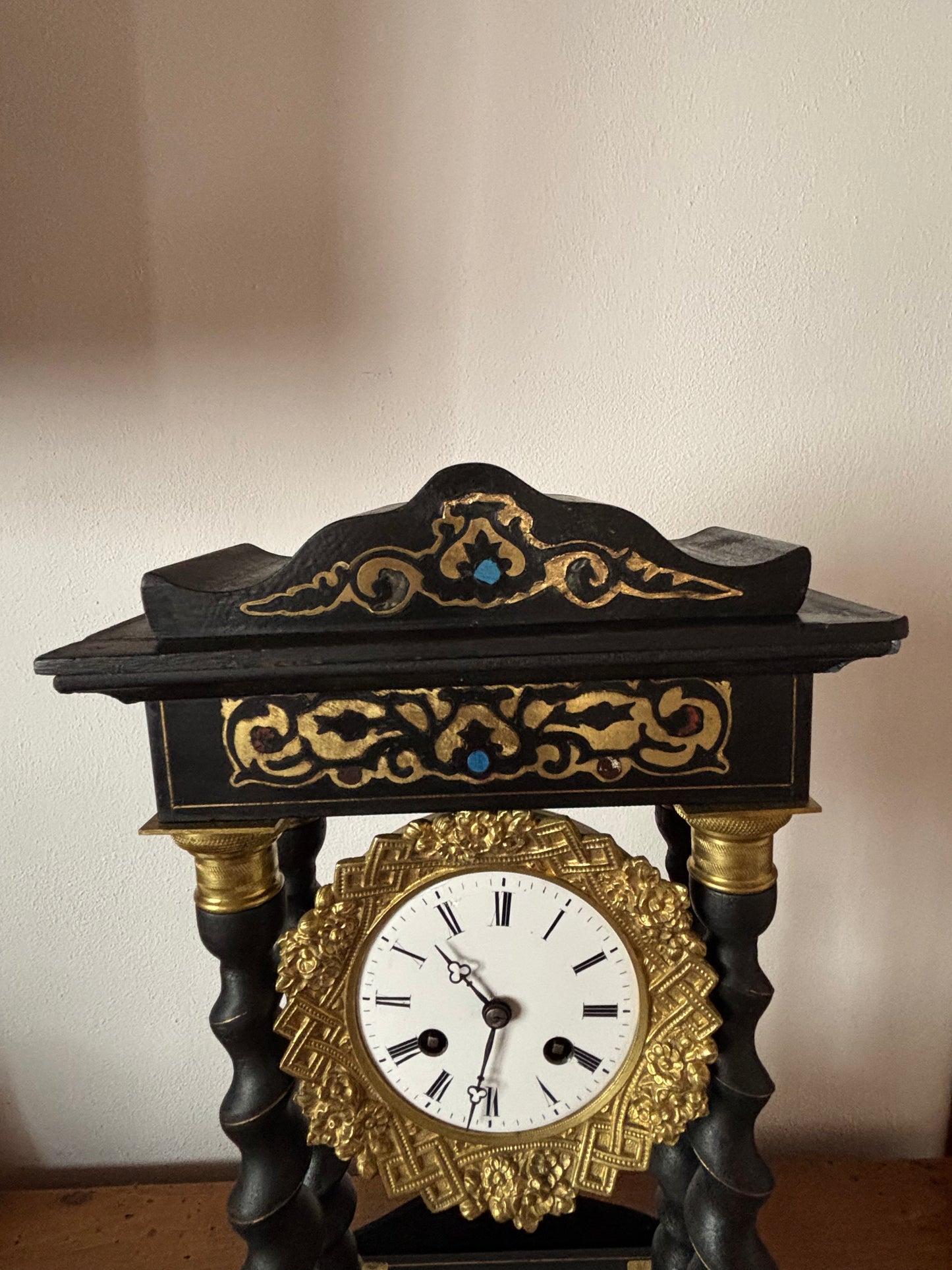 Napoleon III Period Wooden Pendulum Clock with Metal Inlays