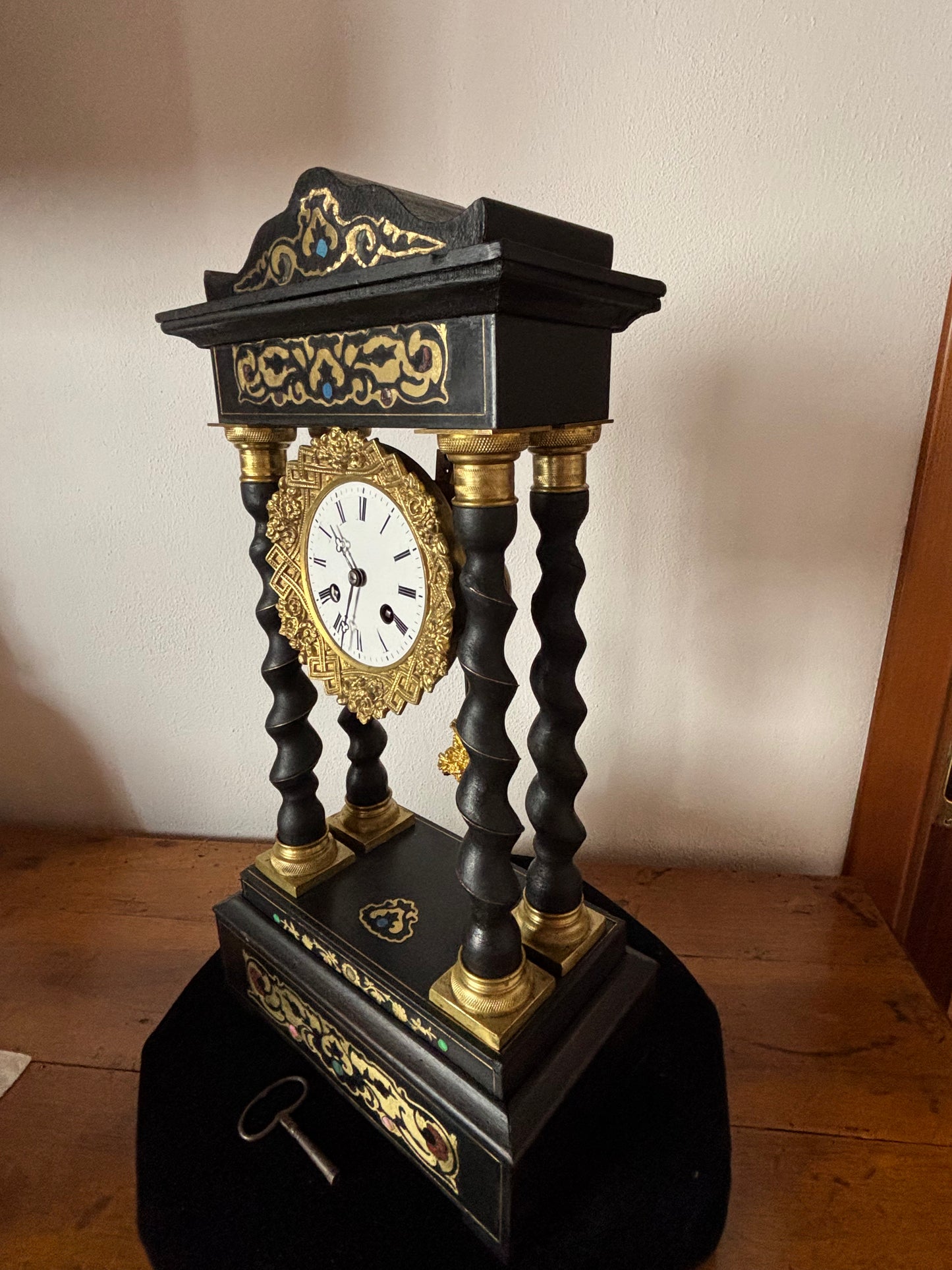 Napoleon III Period Wooden Pendulum Clock with Metal Inlays