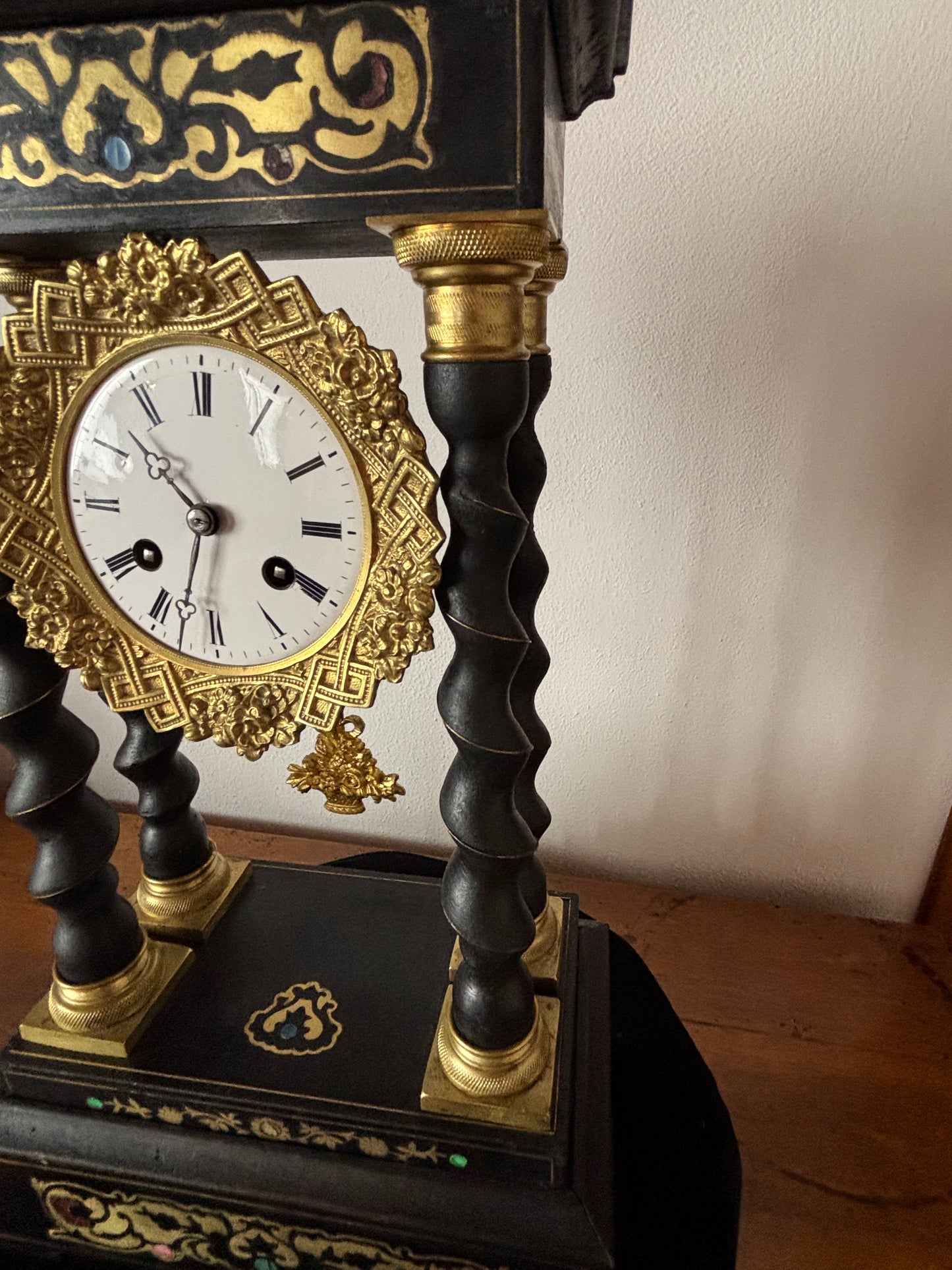 Napoleon III Period Wooden Pendulum Clock with Metal Inlays