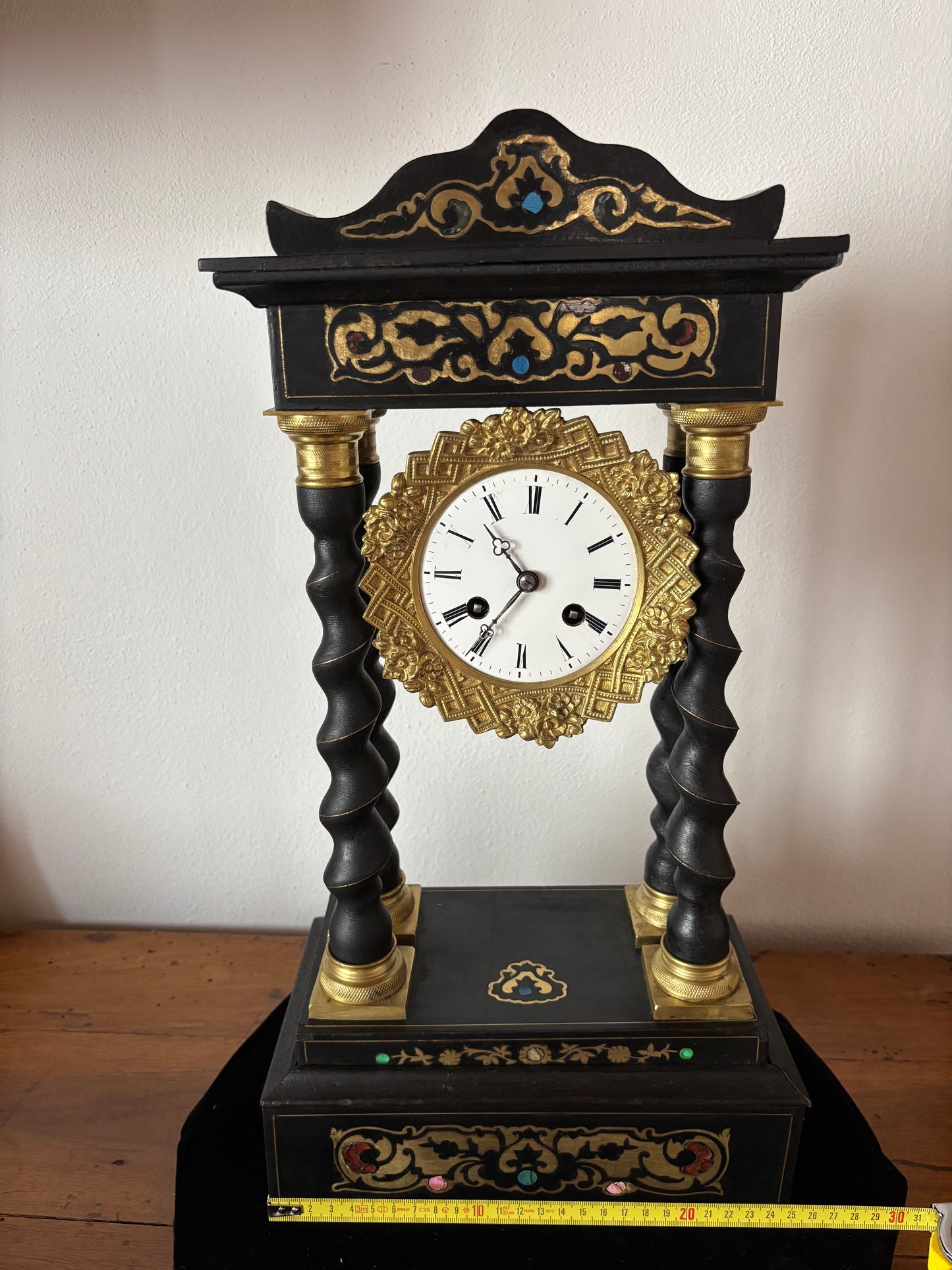 Napoleon III Period Wooden Pendulum Clock with Metal Inlays