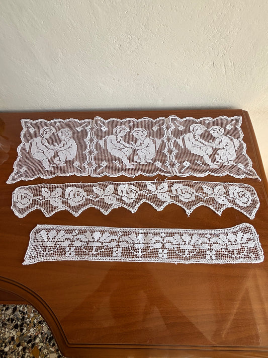 Set di inserzioni in filè lavorate interamente a mano – decorazioni floreali e angeli