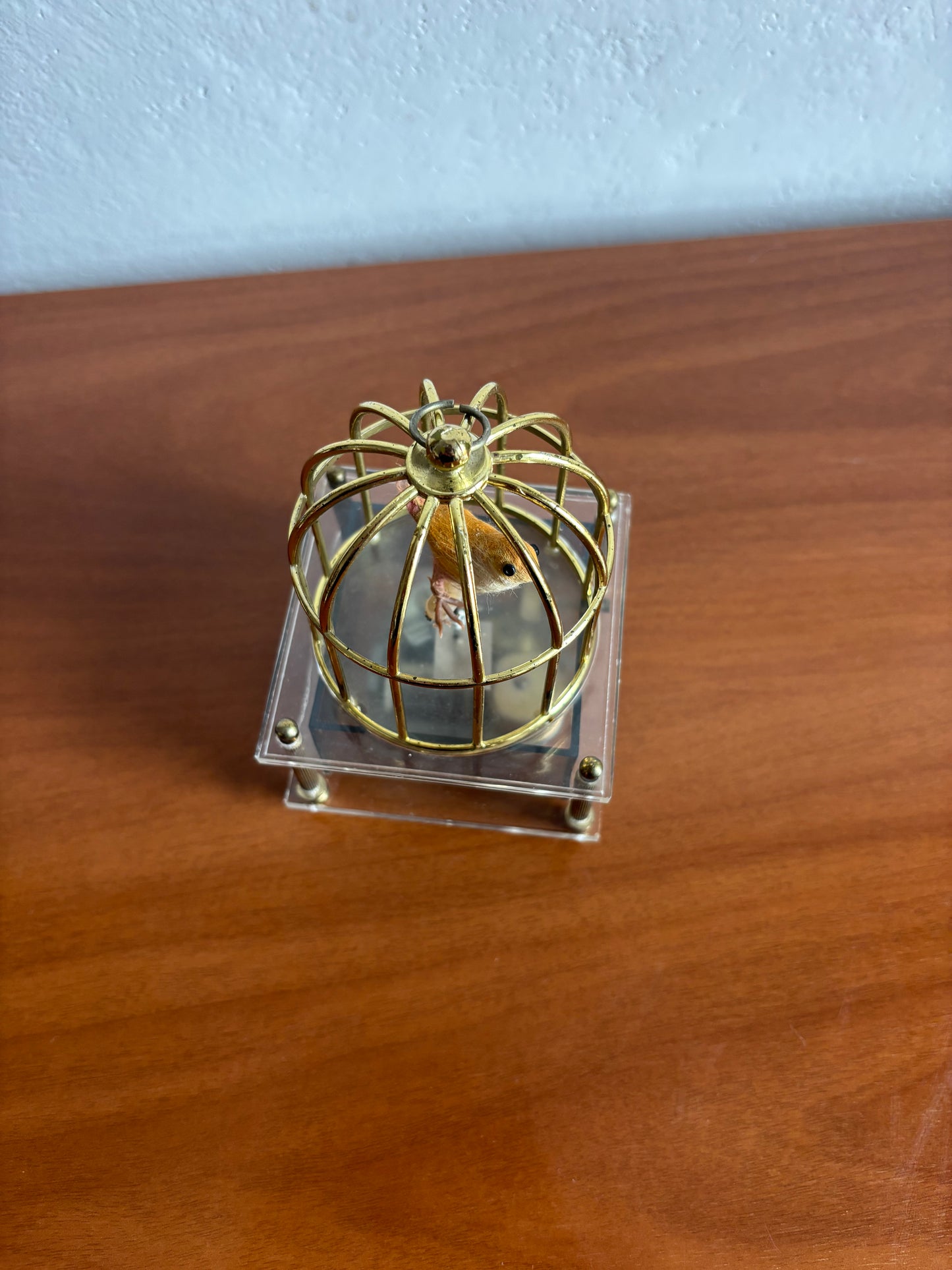 Vogel in Käfig mit Vintage‑Spieluhr