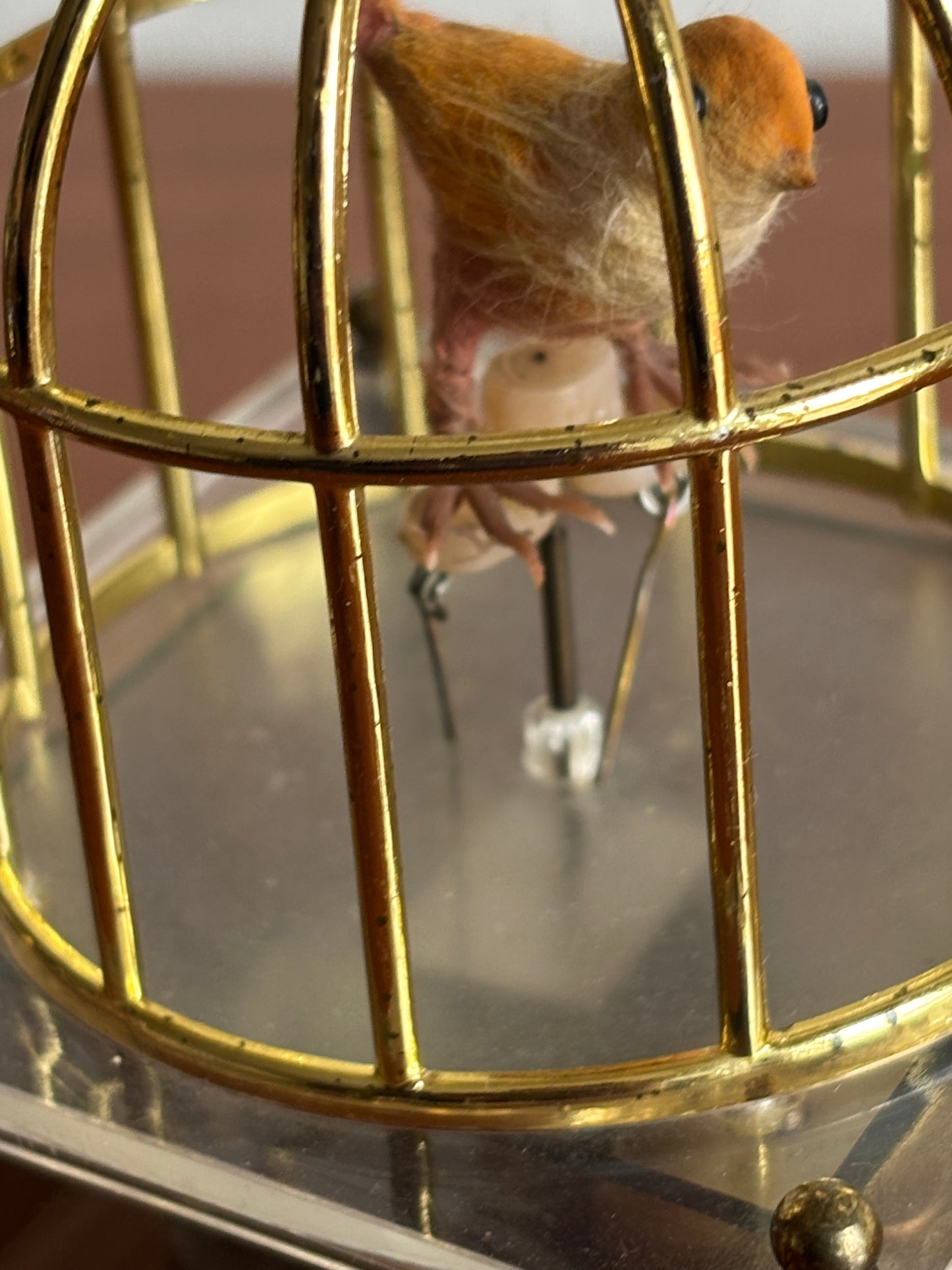 Vogel in Käfig mit Vintage‑Spieluhr