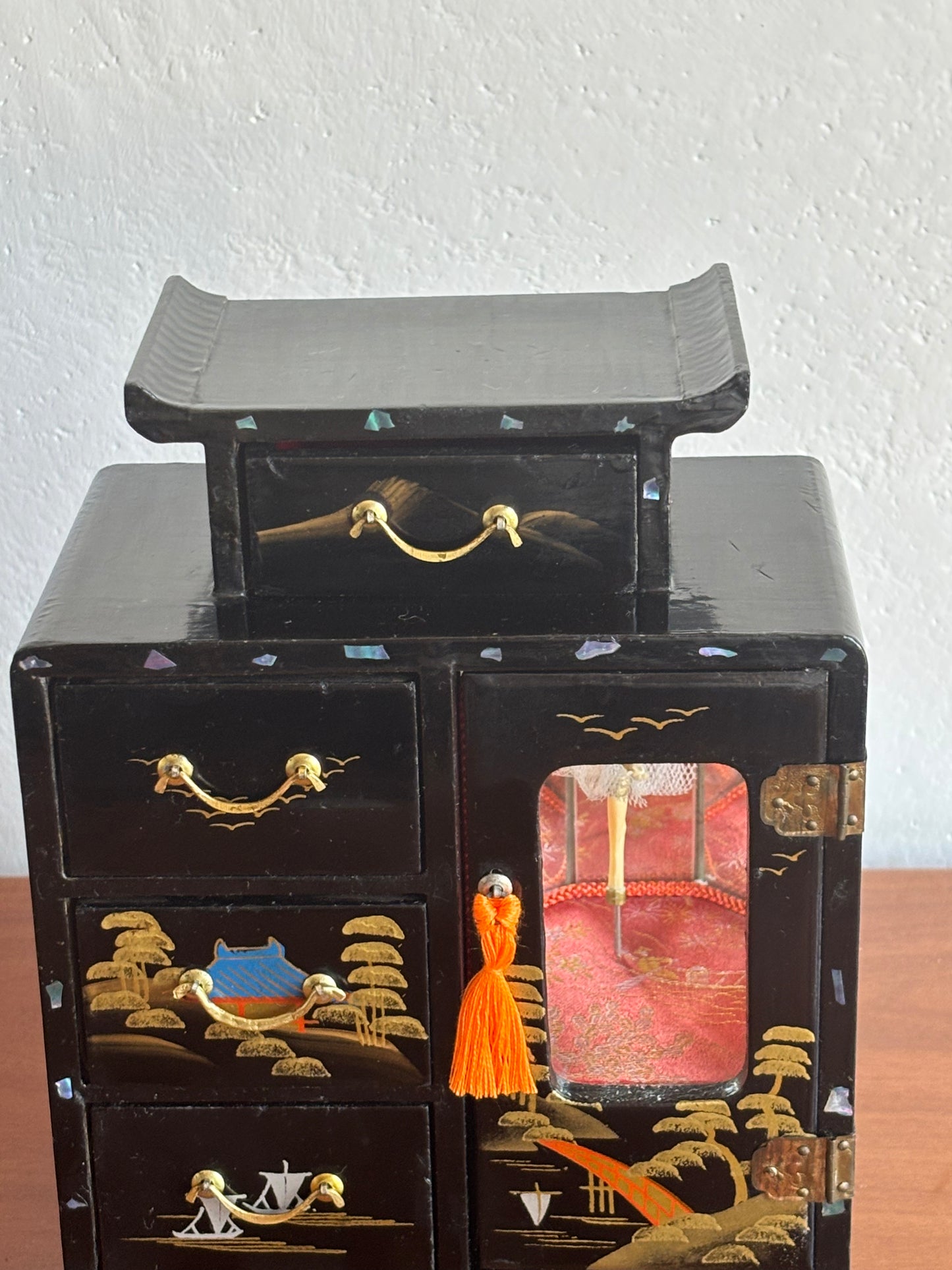 Japanese lacquered jewelry box with drawers and music box with ballerina