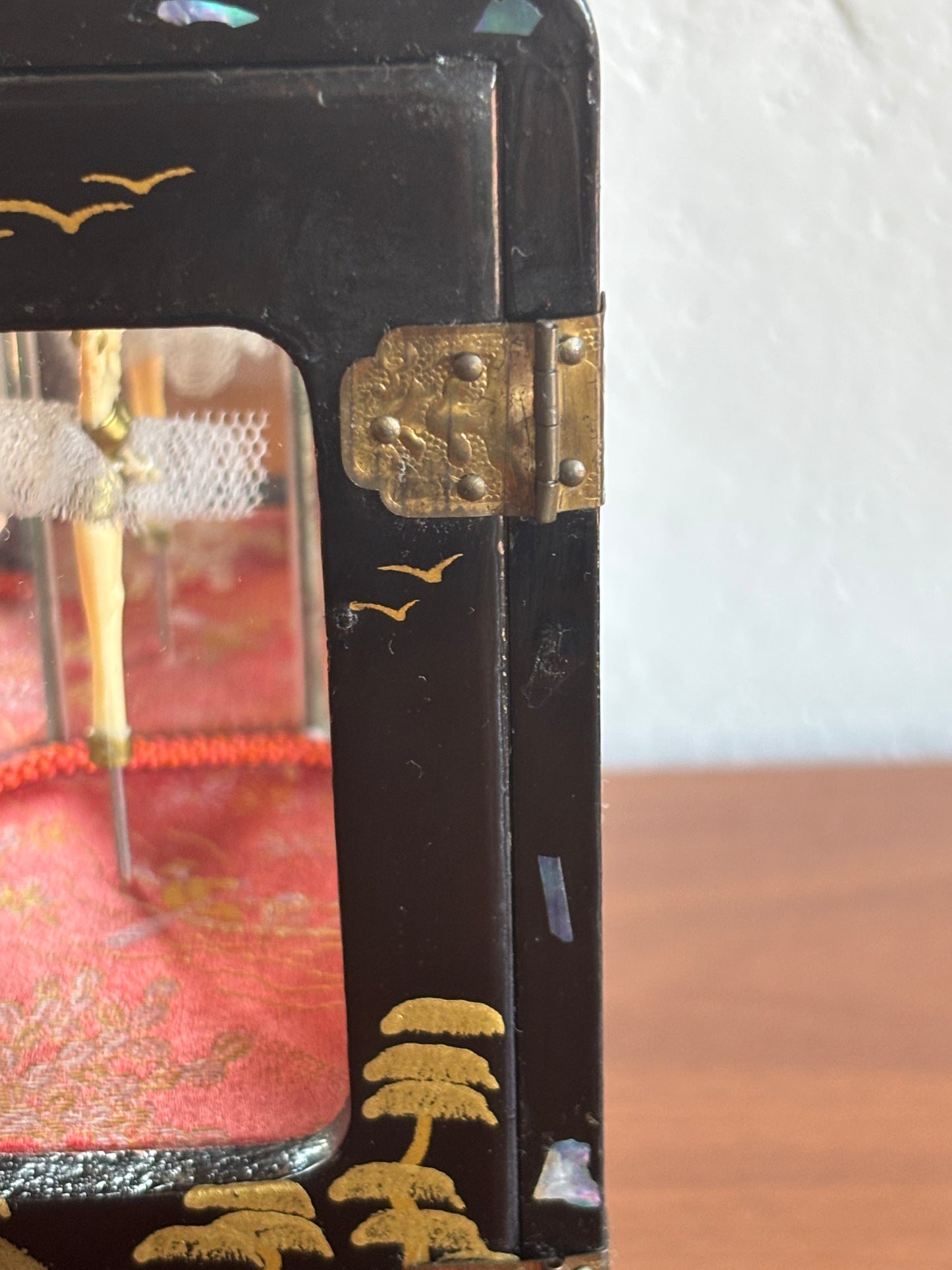 Japanese lacquered jewelry box with drawers and music box with ballerina