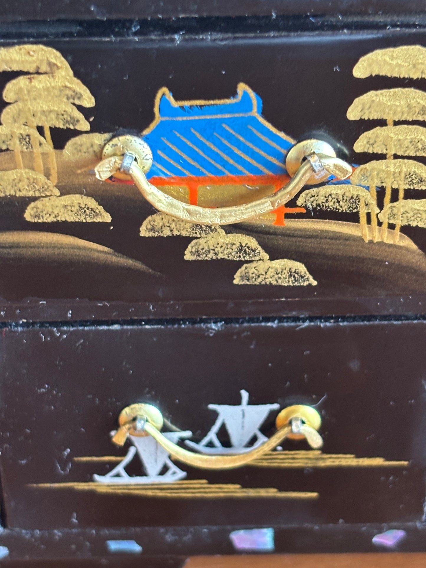 Japanese lacquered jewelry box with drawers and music box with ballerina