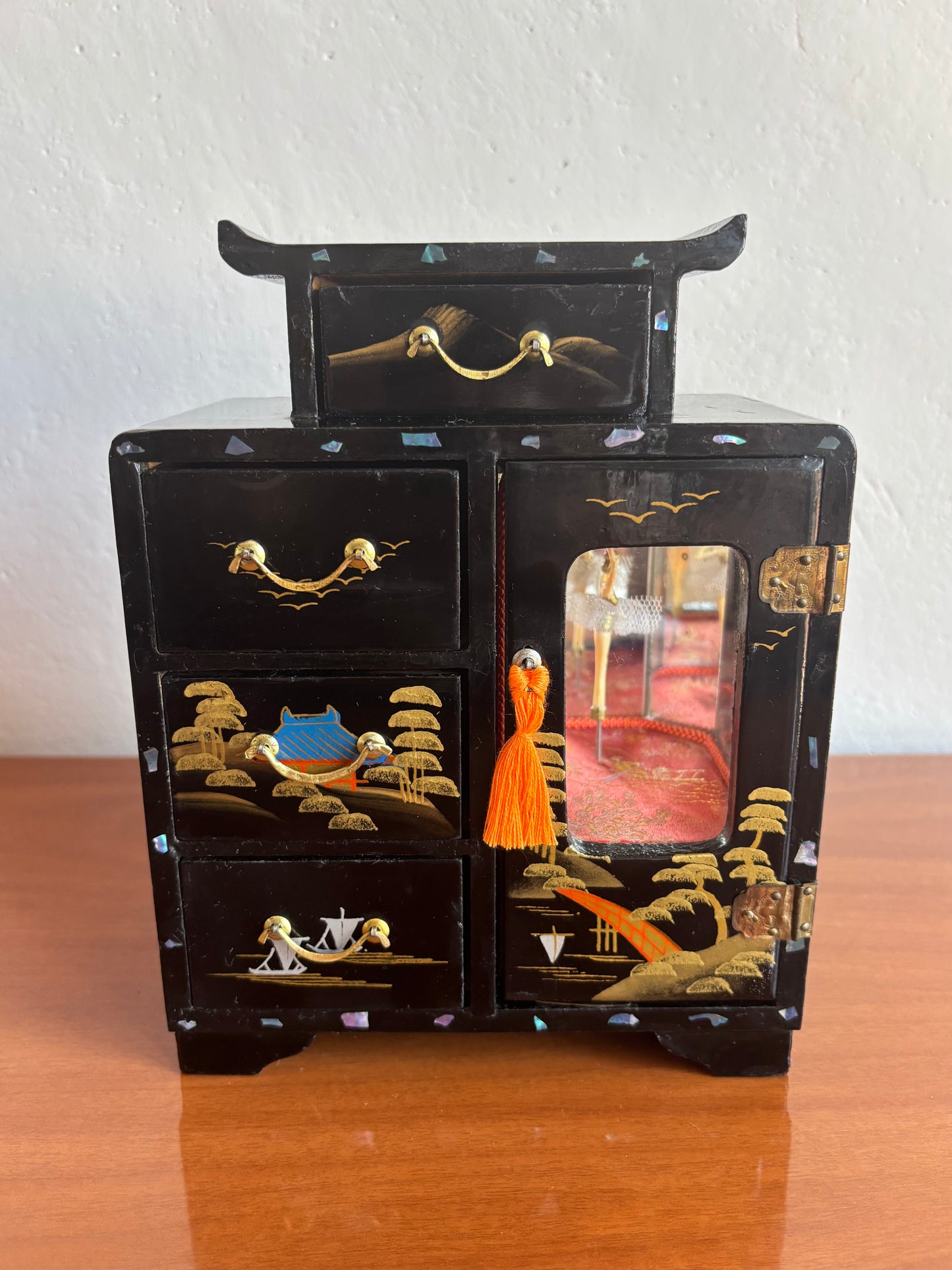 Japanese lacquered jewelry box with drawers and music box with ballerina