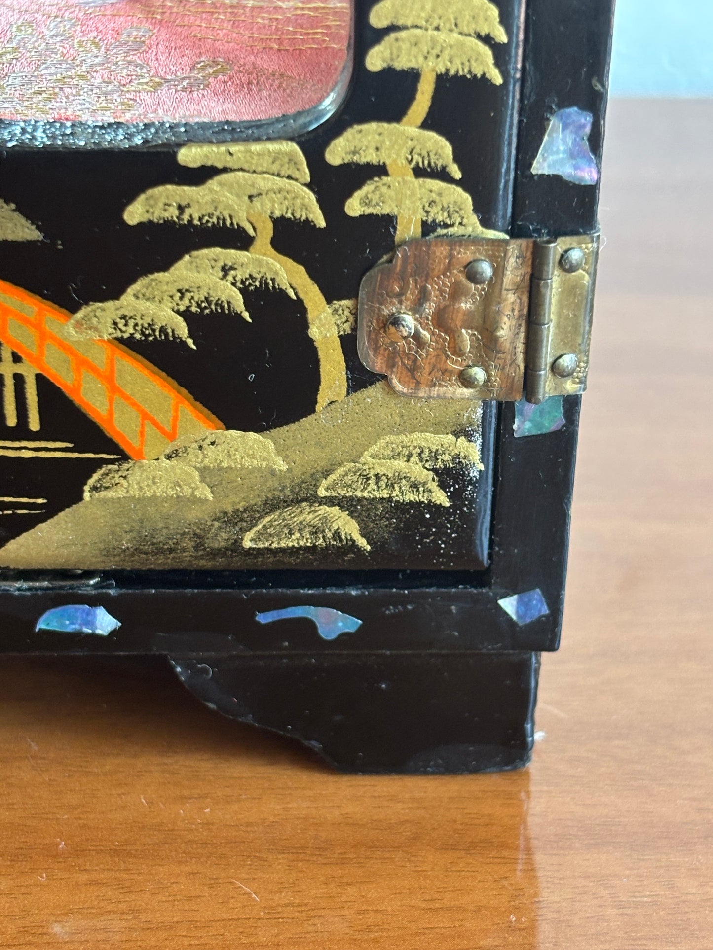 Japanese lacquered jewelry box with drawers and music box with ballerina