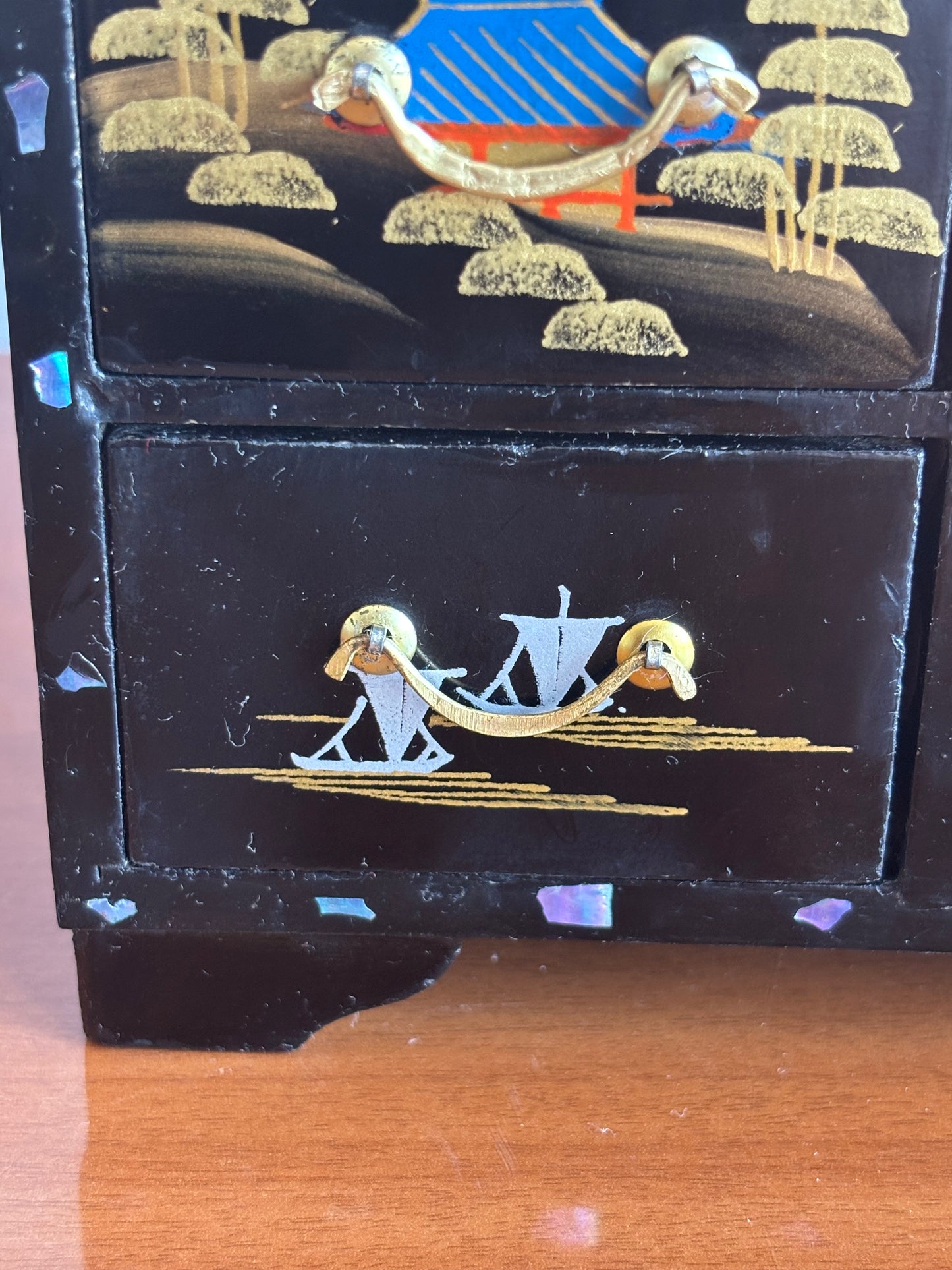 Japanese lacquered jewelry box with drawers and music box with ballerina