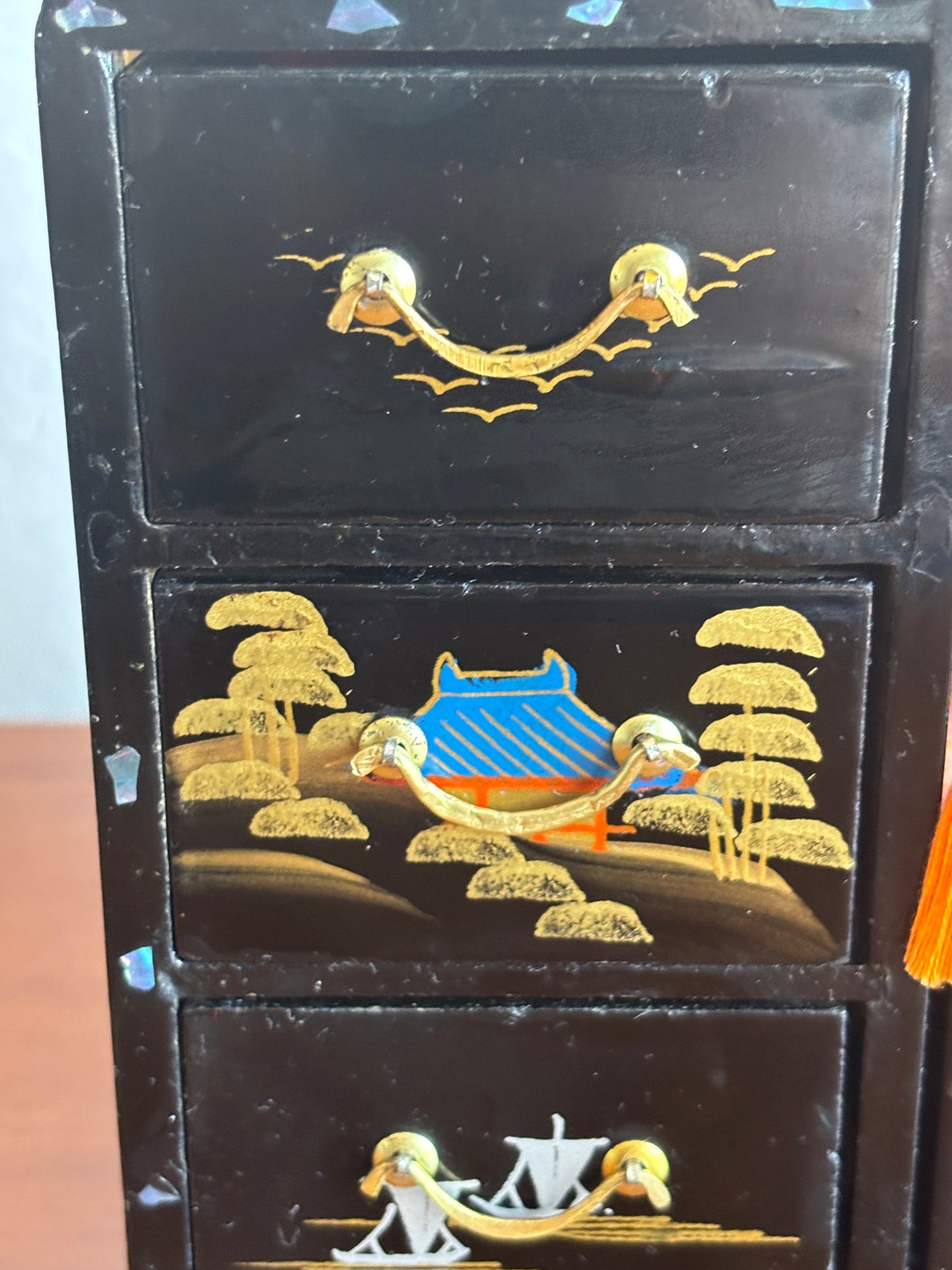 Japanese lacquered jewelry box with drawers and music box with ballerina