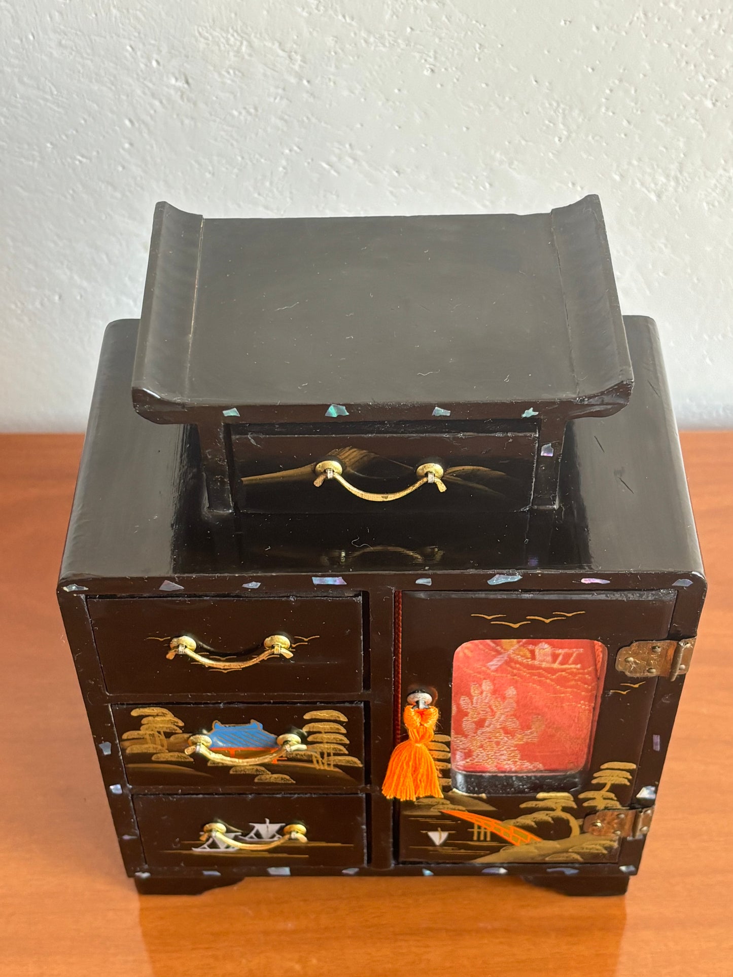 Japanese lacquered jewelry box with drawers and music box with ballerina