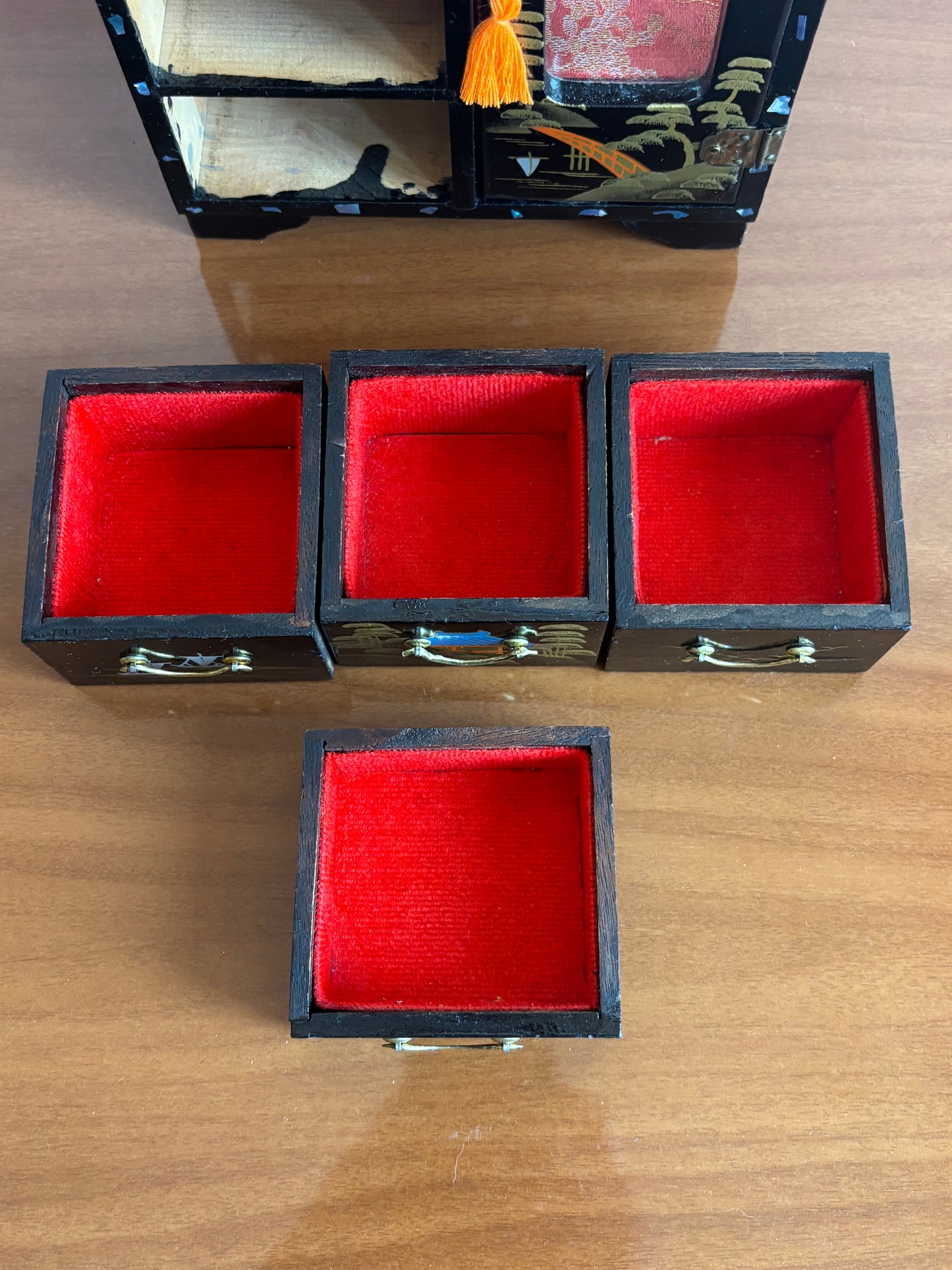 Japanese lacquered jewelry box with drawers and music box with ballerina
