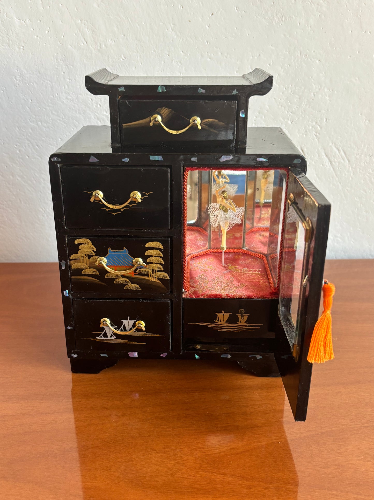 Japanese lacquered jewelry box with drawers and music box with ballerina