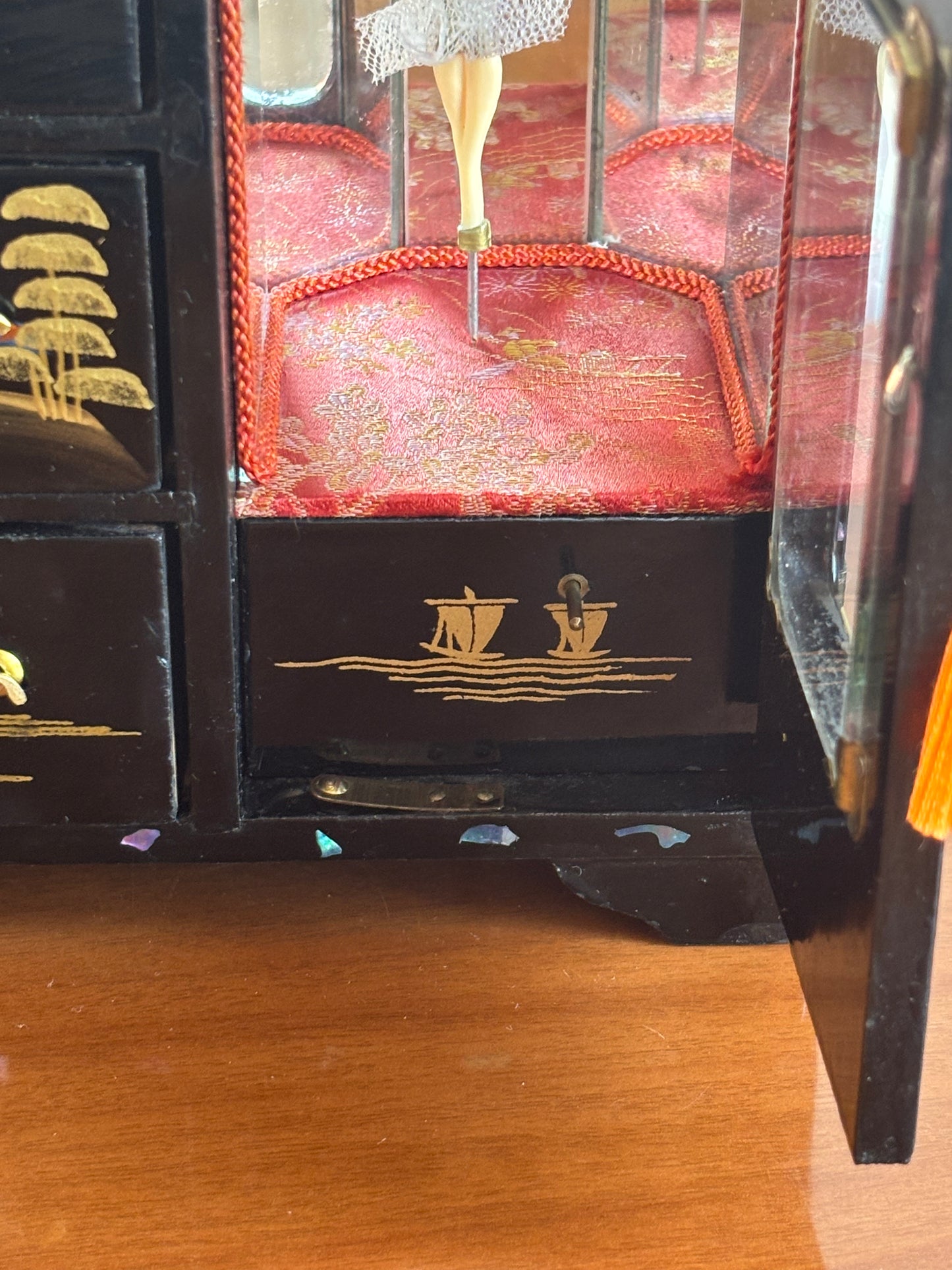 Japanese lacquered jewelry box with drawers and music box with ballerina