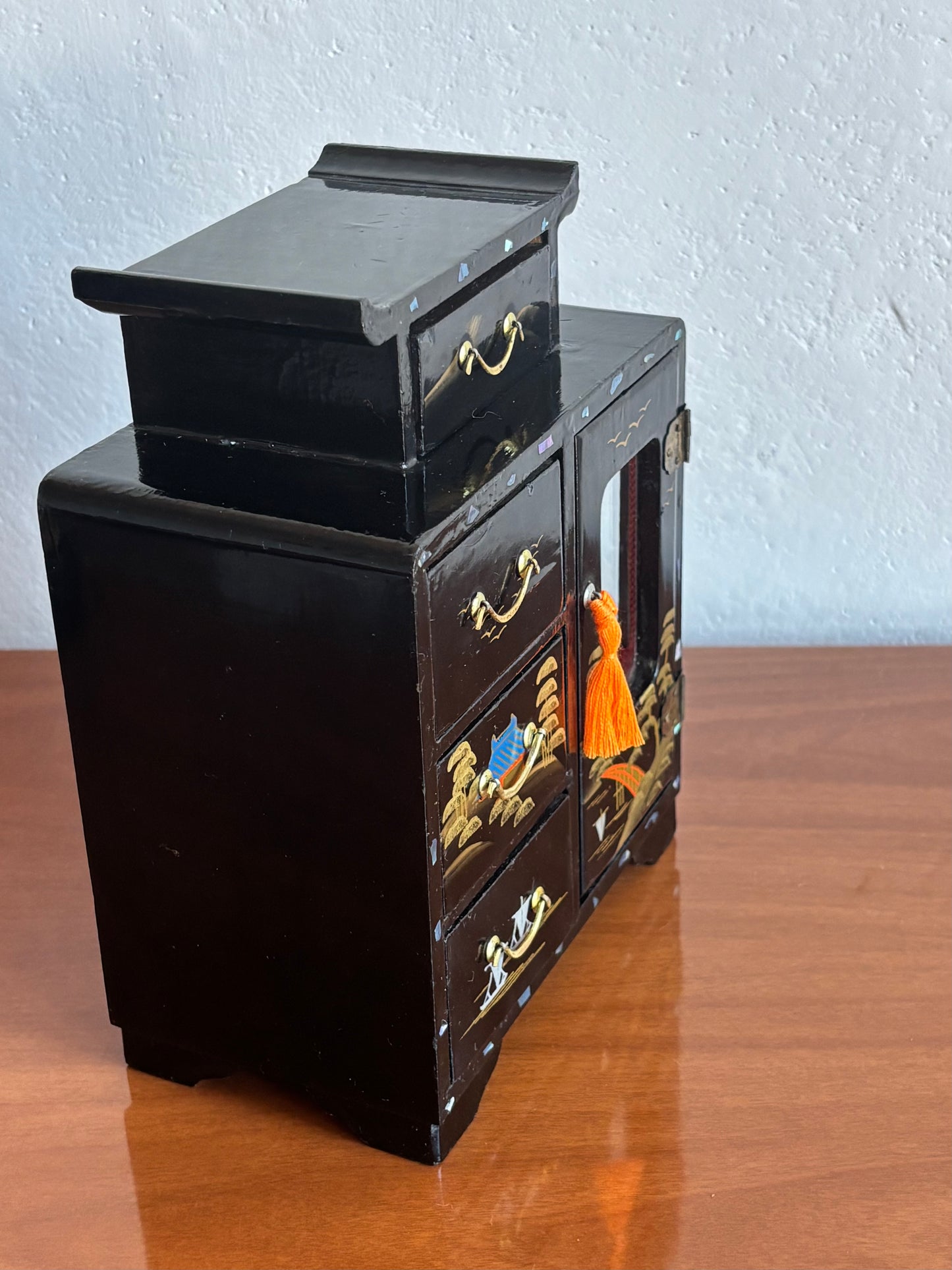 Japanese lacquered jewelry box with drawers and music box with ballerina