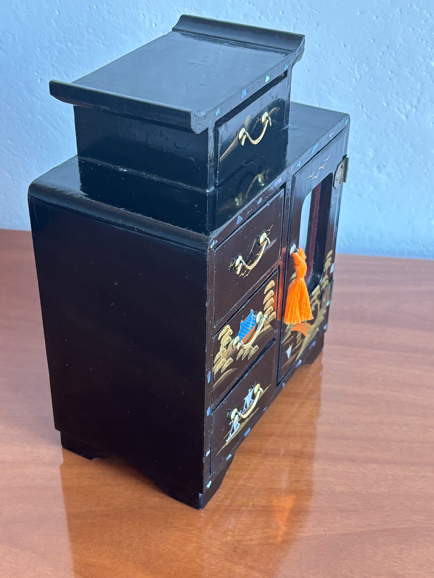Japanese lacquered jewelry box with drawers and music box with ballerina