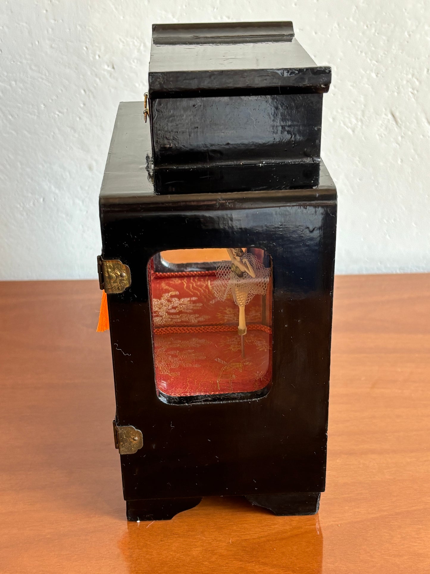 Japanese lacquered jewelry box with drawers and music box with ballerina