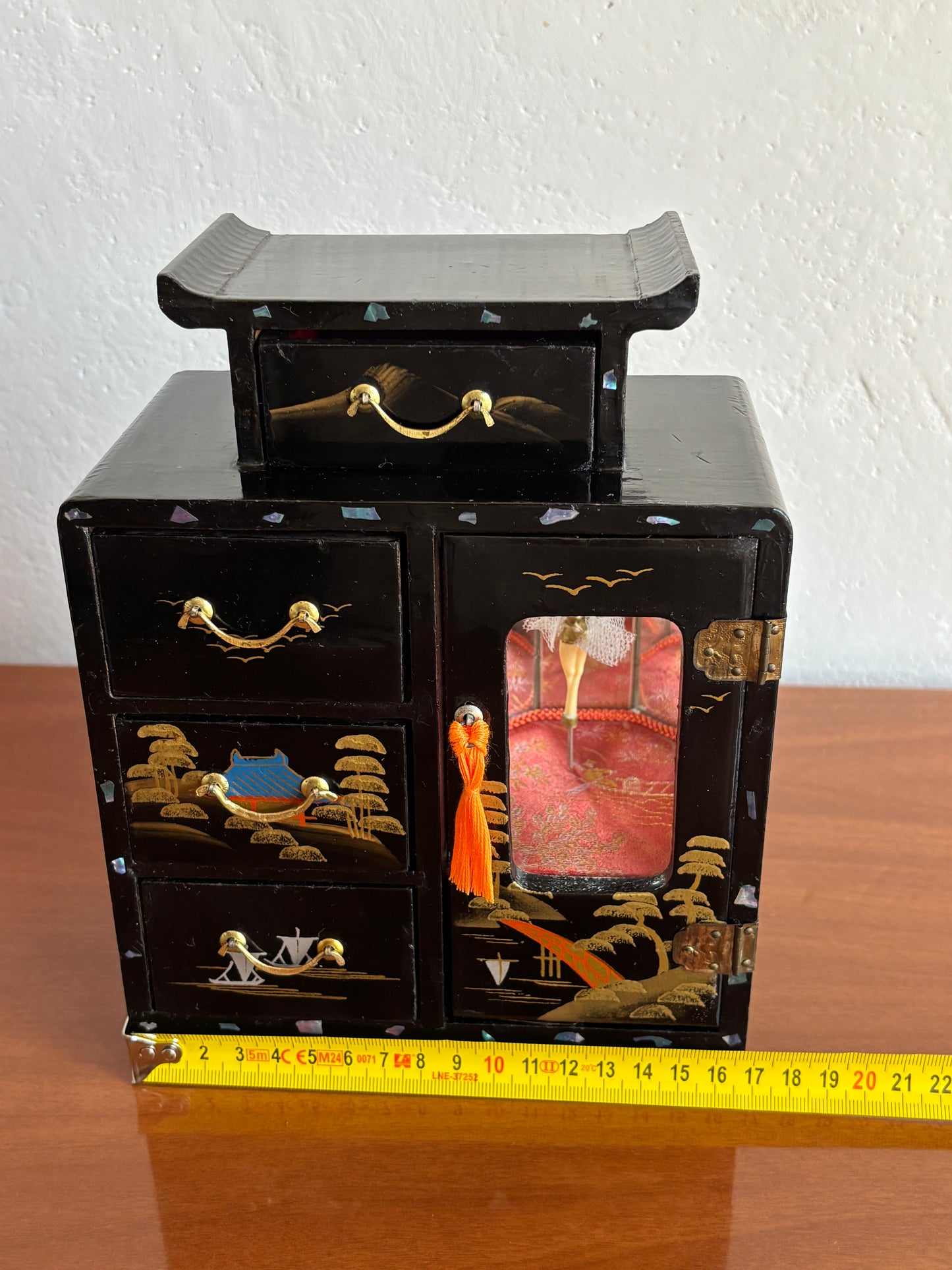 Japanese lacquered jewelry box with drawers and music box with ballerina
