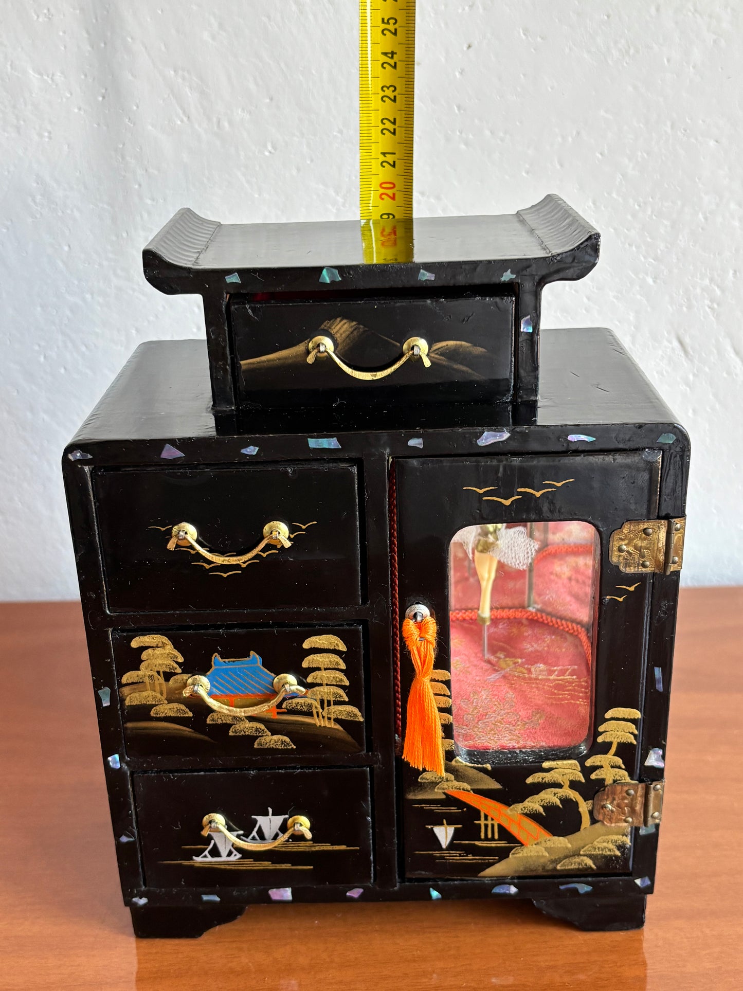 Japanese lacquered jewelry box with drawers and music box with ballerina