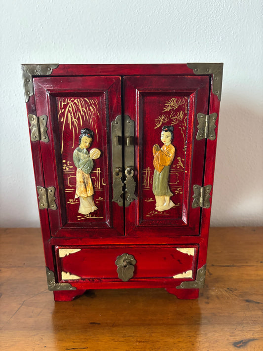 Chinese Jewelry Box with Music Box – Red Lacquer Chest with Decorative Applications