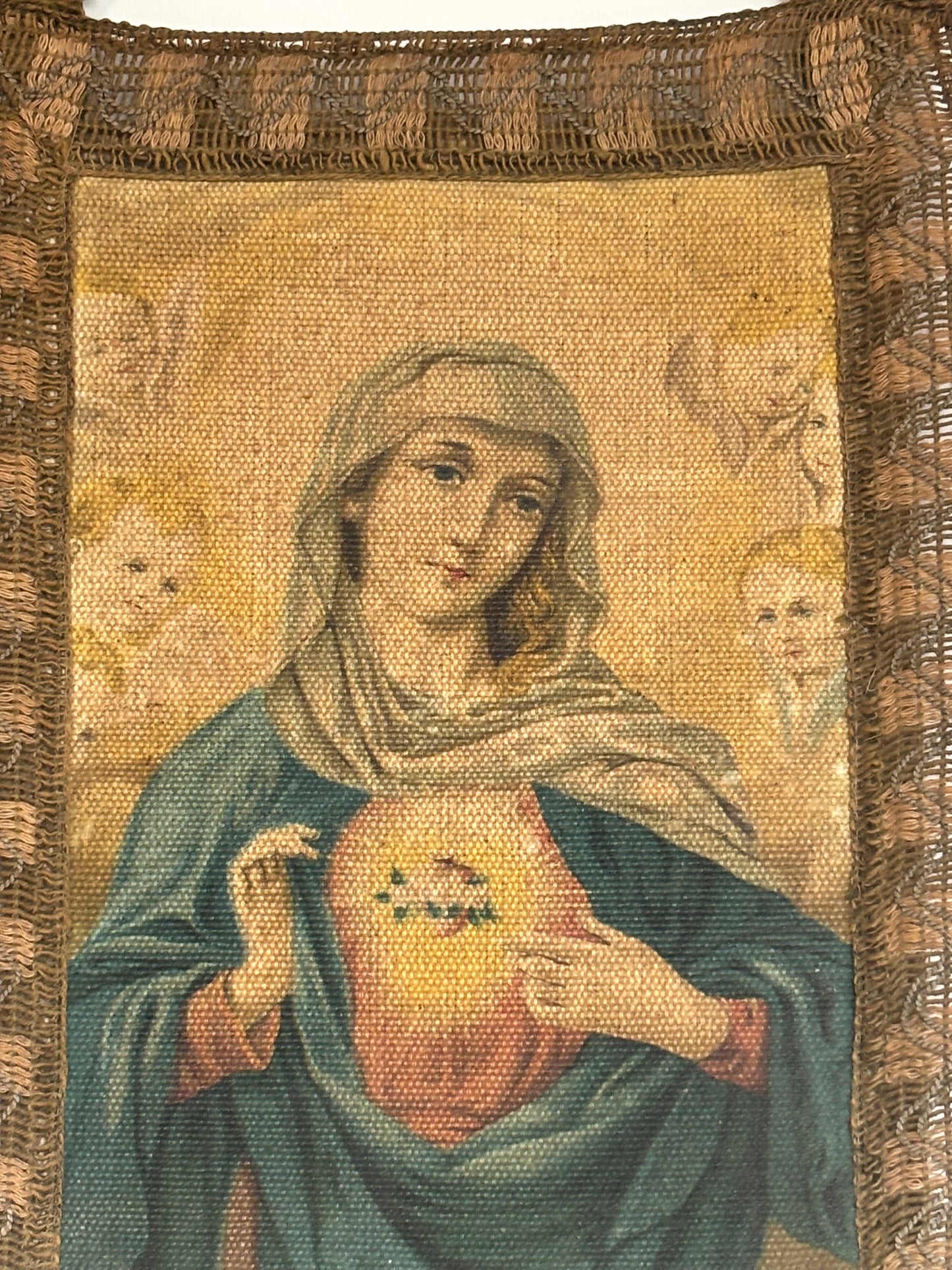 Religious Banner with Virgin Mary and Sacred Heart – Vintage Oleograph on Canvas