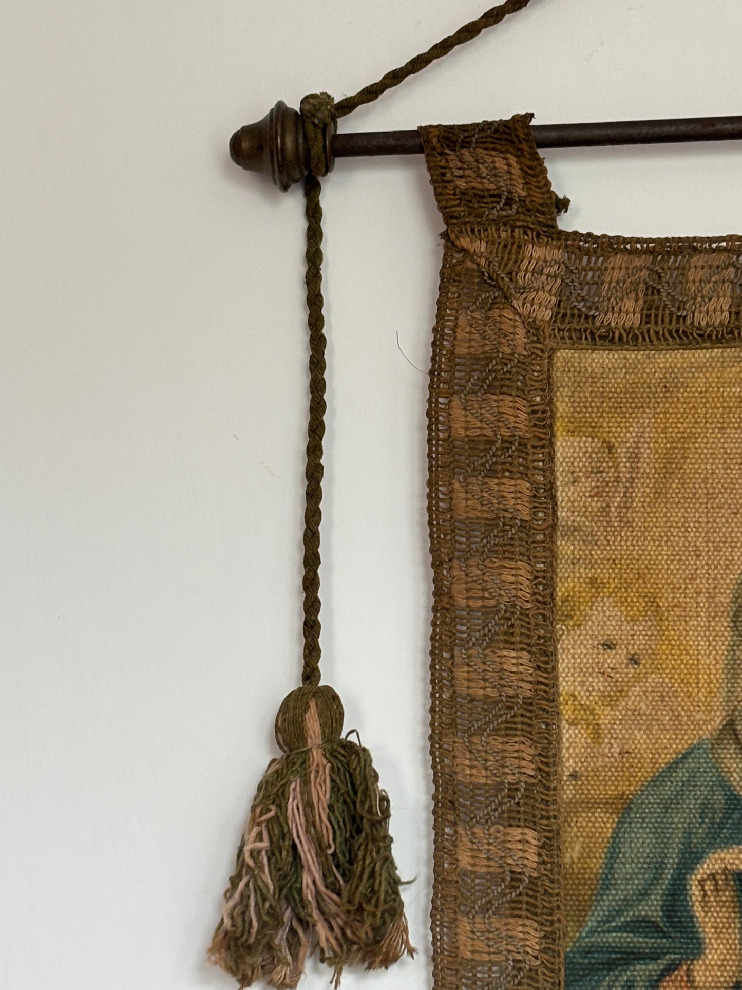 Religious Banner with Virgin Mary and Sacred Heart – Vintage Oleograph on Canvas