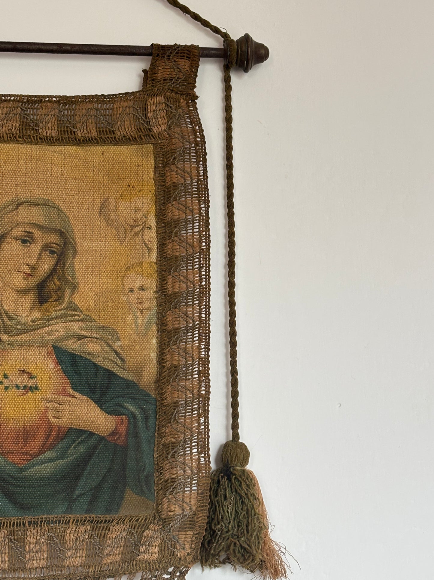 Religious Banner with Virgin Mary and Sacred Heart – Vintage Oleograph on Canvas