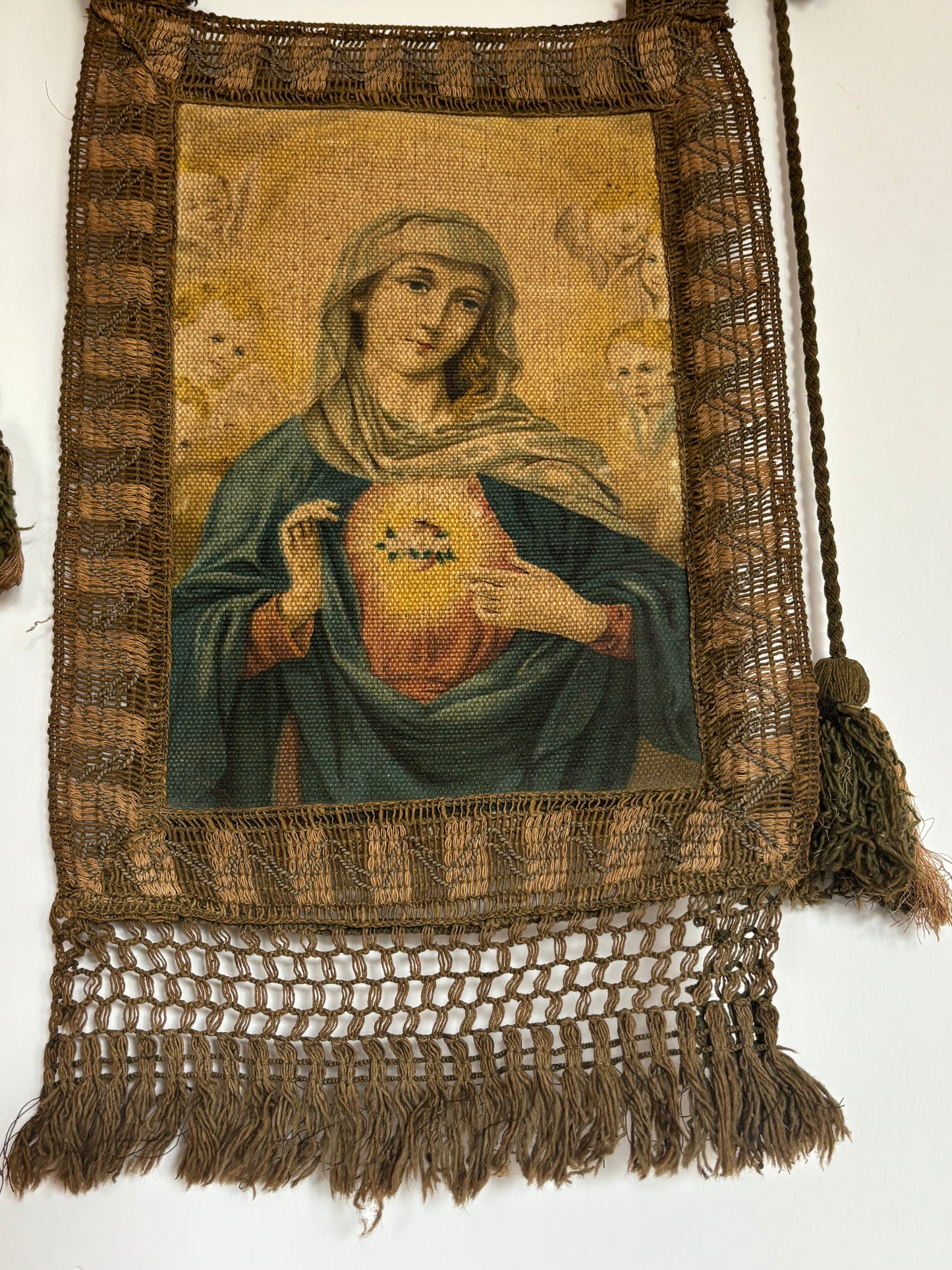 Religious Banner with Virgin Mary and Sacred Heart – Vintage Oleograph on Canvas