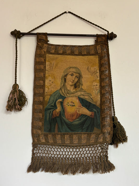 Stendardo Religioso con Vergine Maria e Sacro Cuore – Oleografia su Tela Vintage