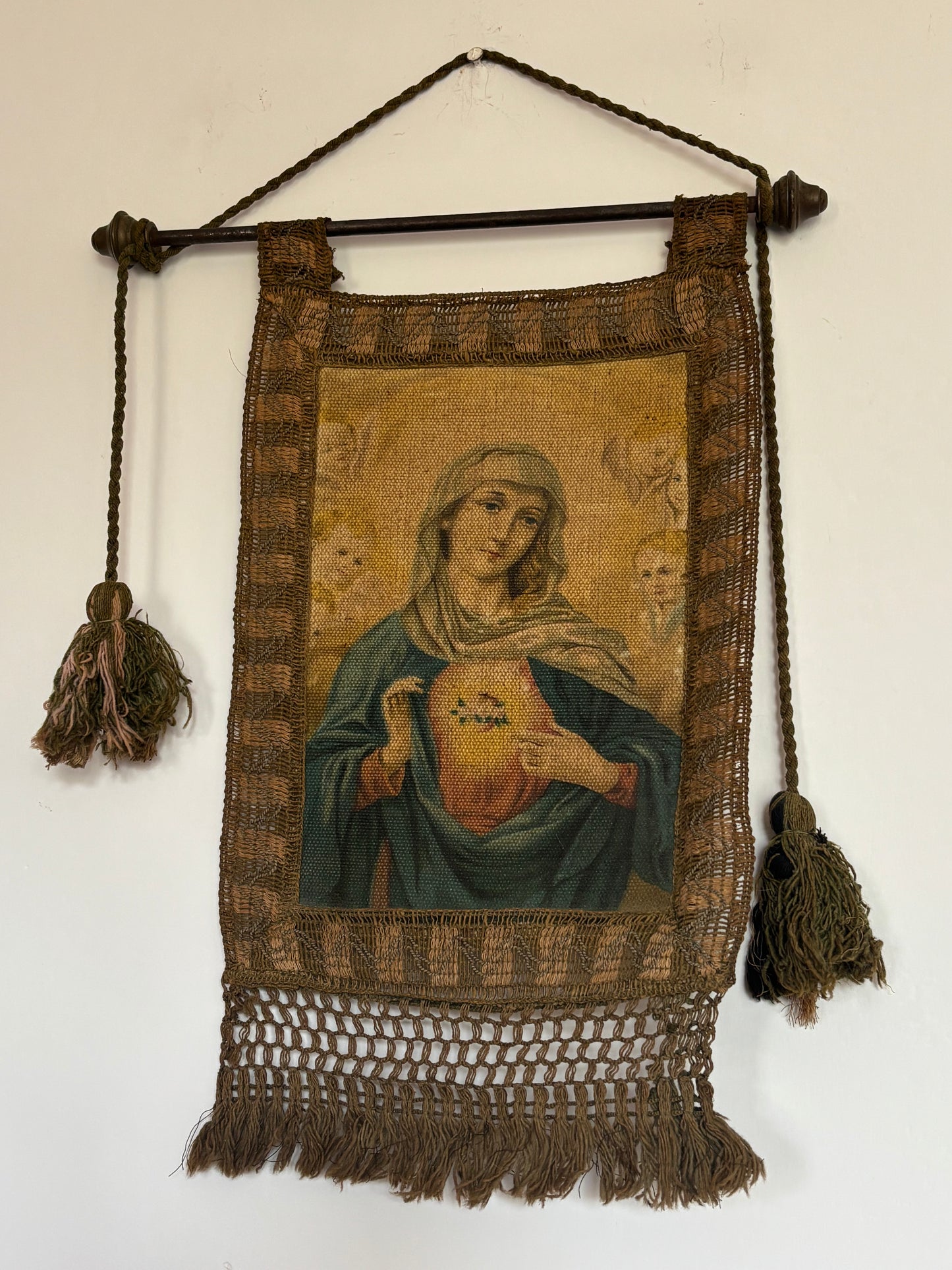 Religious Banner with Virgin Mary and Sacred Heart – Vintage Oleograph on Canvas