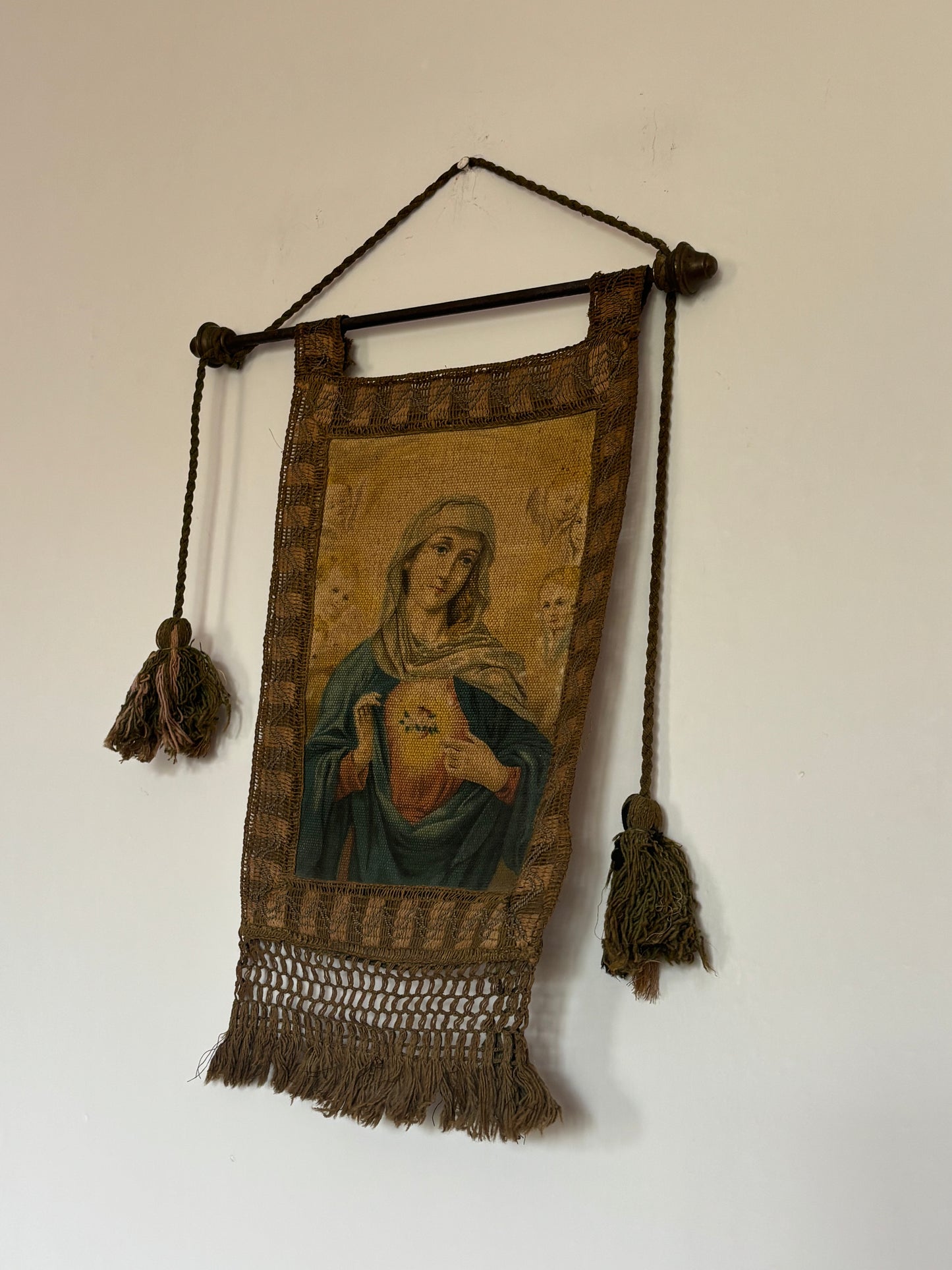 Religious Banner with Virgin Mary and Sacred Heart – Vintage Oleograph on Canvas