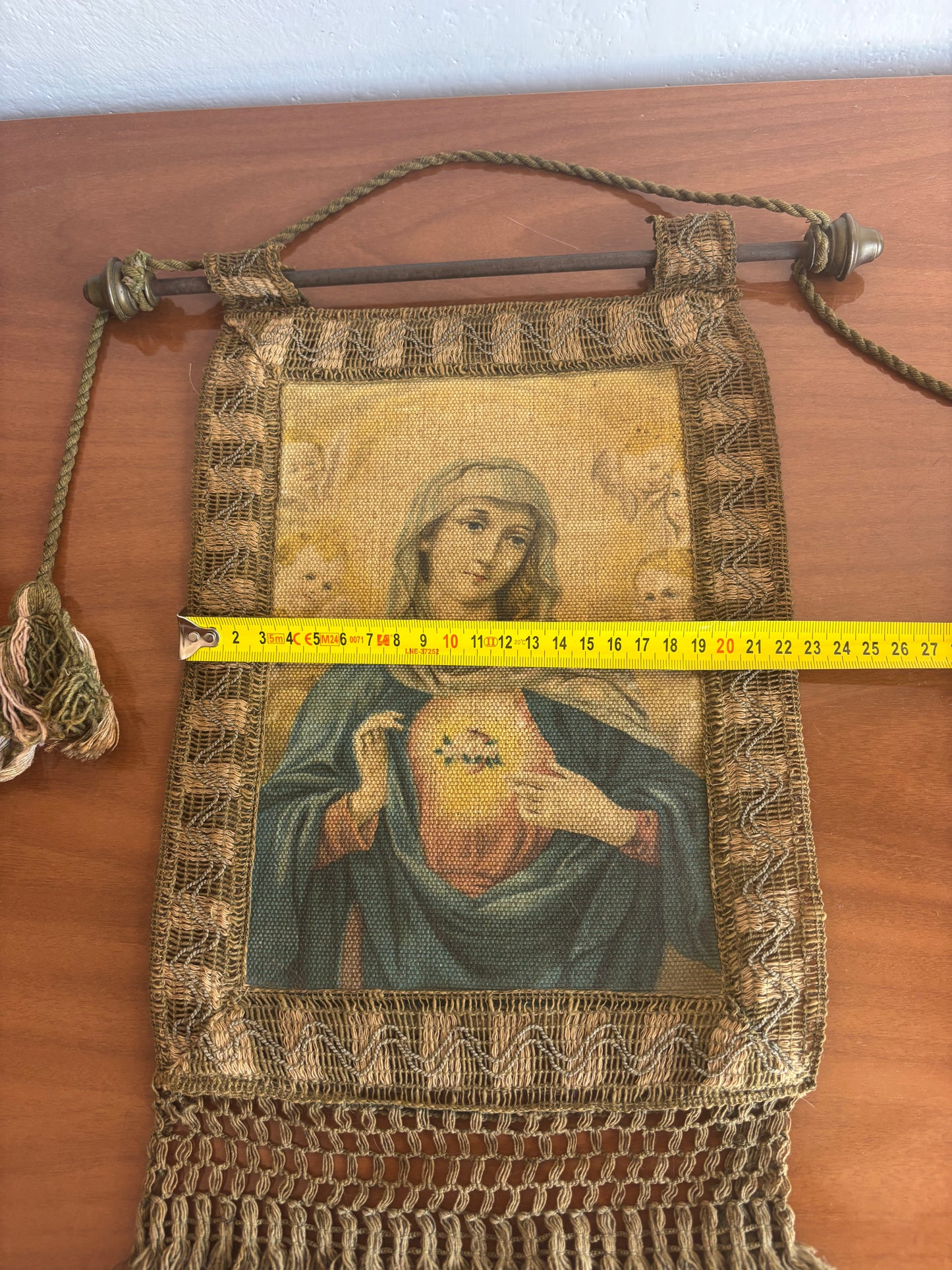 Religious Banner with Virgin Mary and Sacred Heart – Vintage Oleograph on Canvas