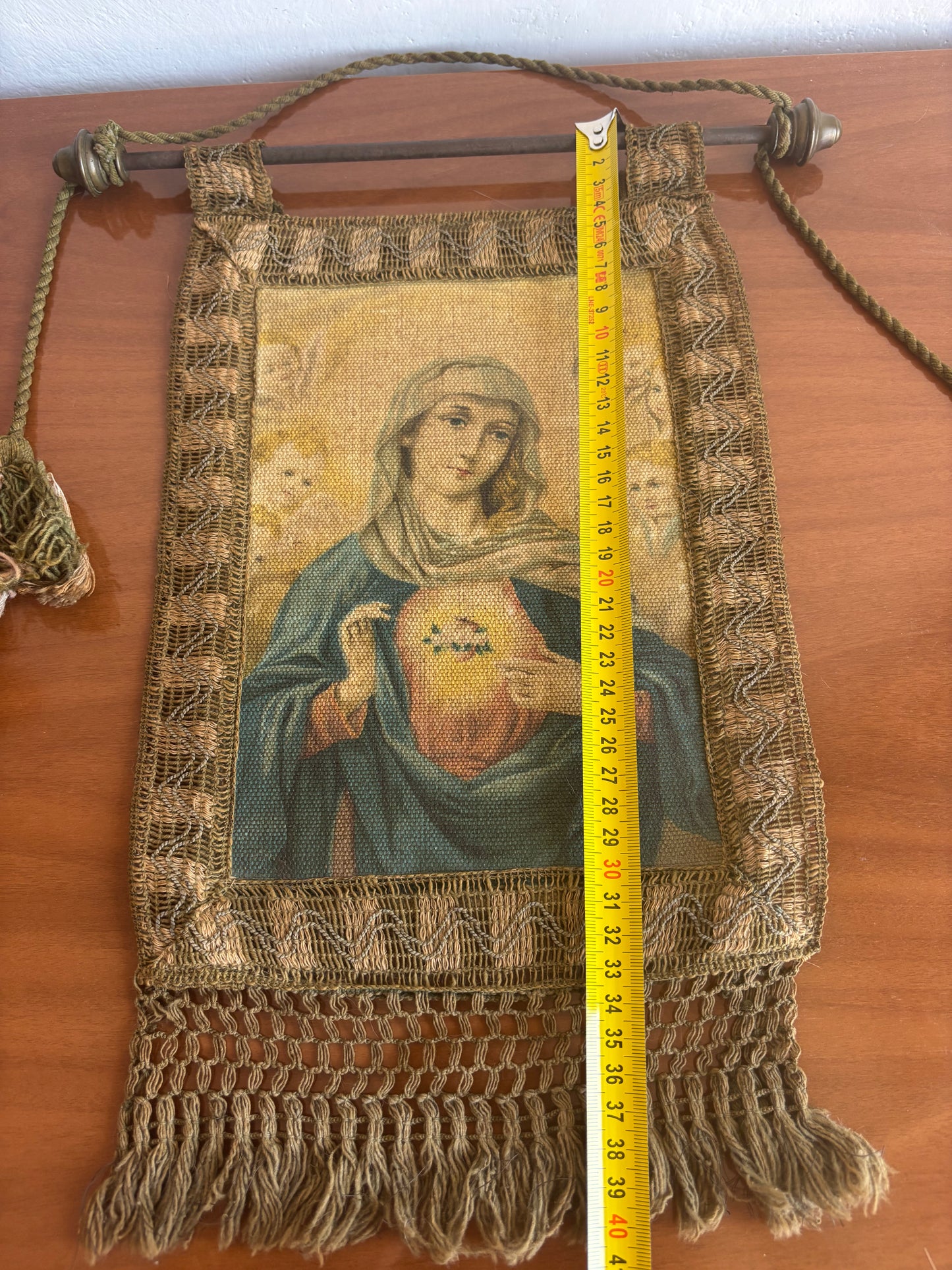 Religious Banner with Virgin Mary and Sacred Heart – Vintage Oleograph on Canvas
