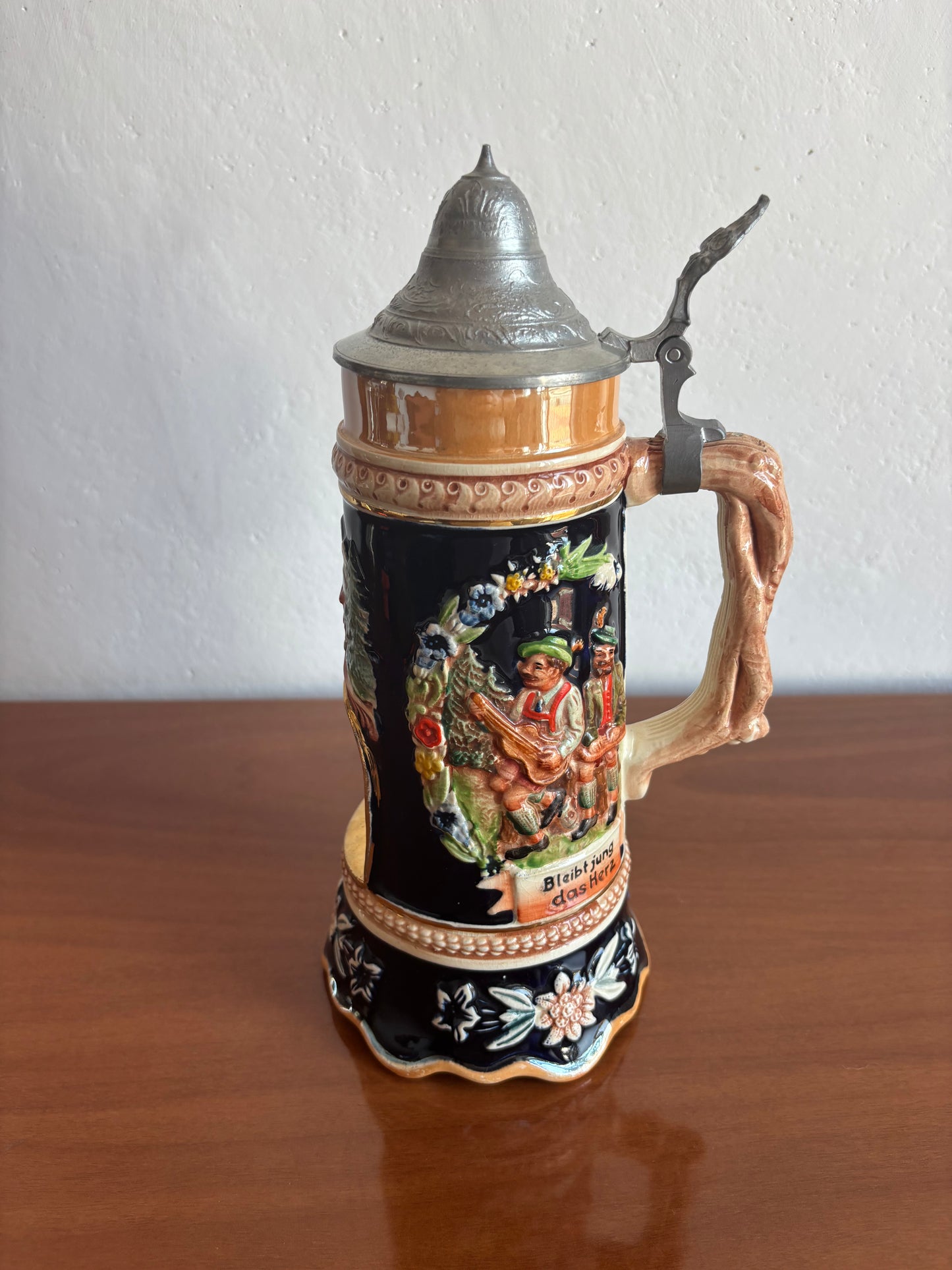 German Beer Stein with Music Box and Dancing Man – Vintage Ceramic and Metal Stein