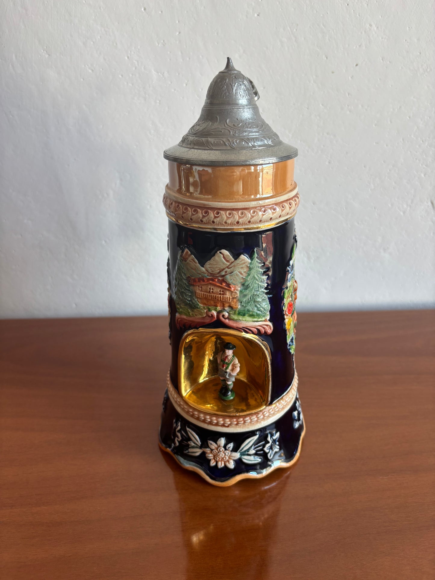 German Beer Stein with Music Box and Dancing Man – Vintage Ceramic and Metal Stein