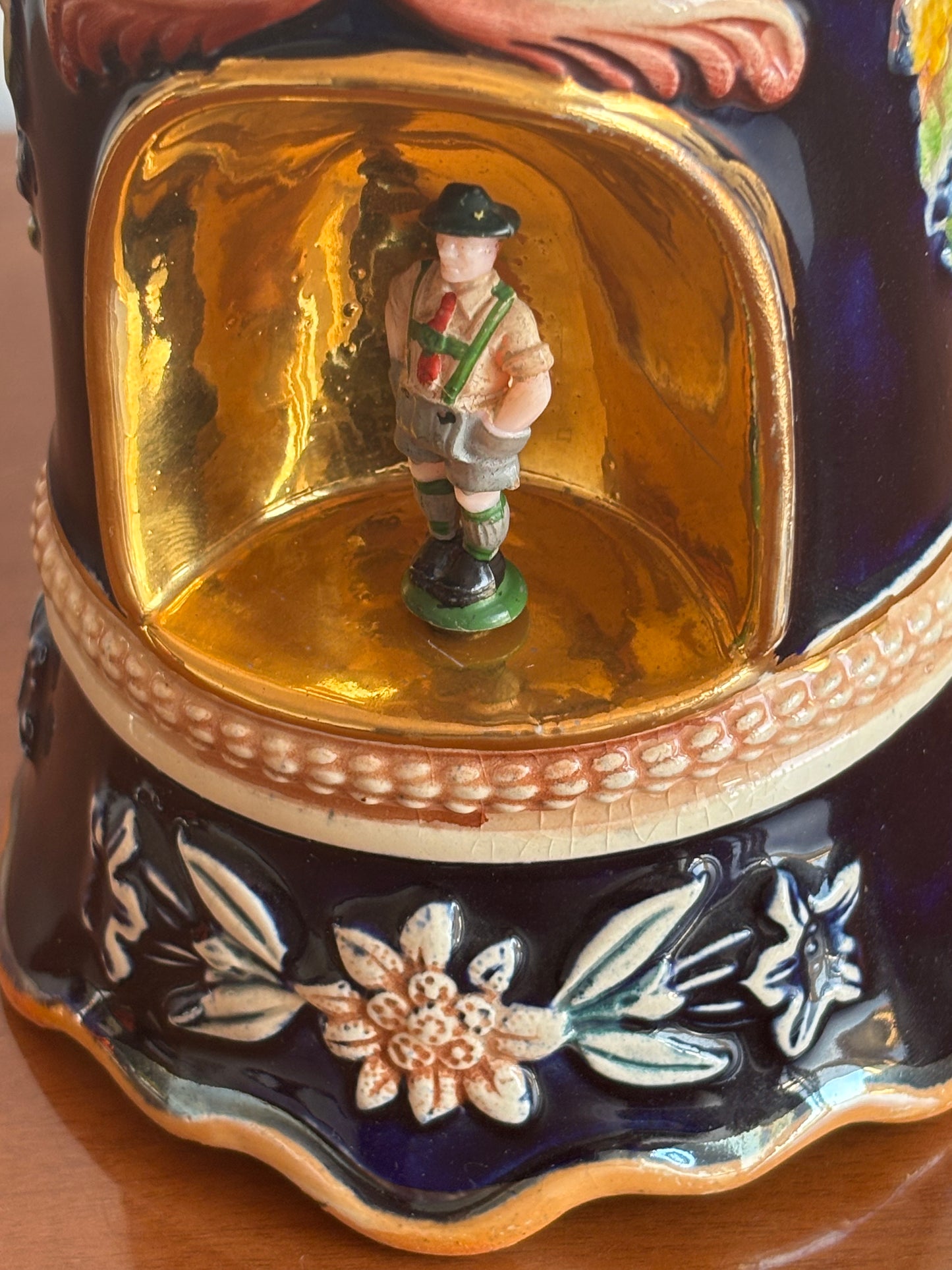 German Beer Stein with Music Box and Dancing Man – Vintage Ceramic and Metal Stein