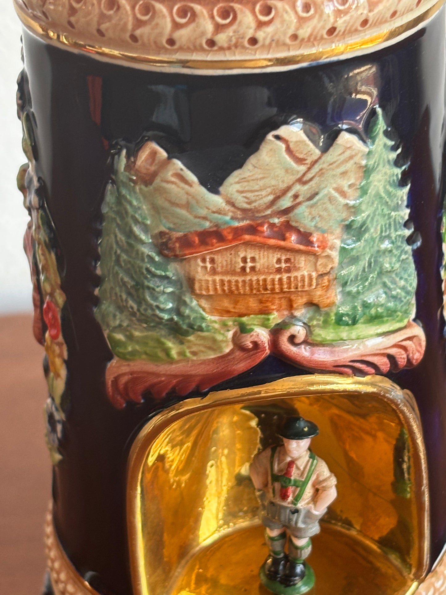 German Beer Stein with Music Box and Dancing Man – Vintage Ceramic and Metal Stein