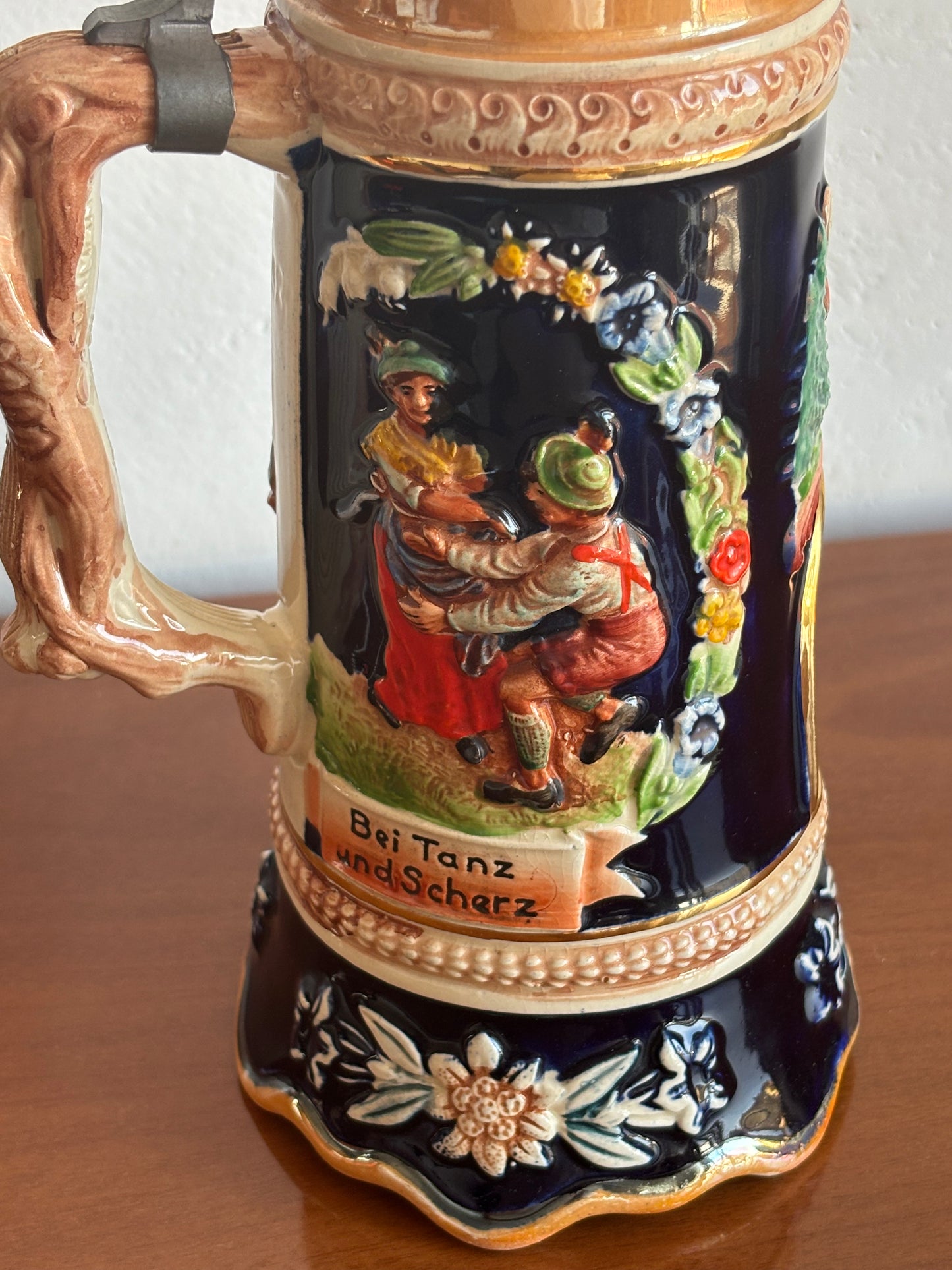 German Beer Stein with Music Box and Dancing Man – Vintage Ceramic and Metal Stein