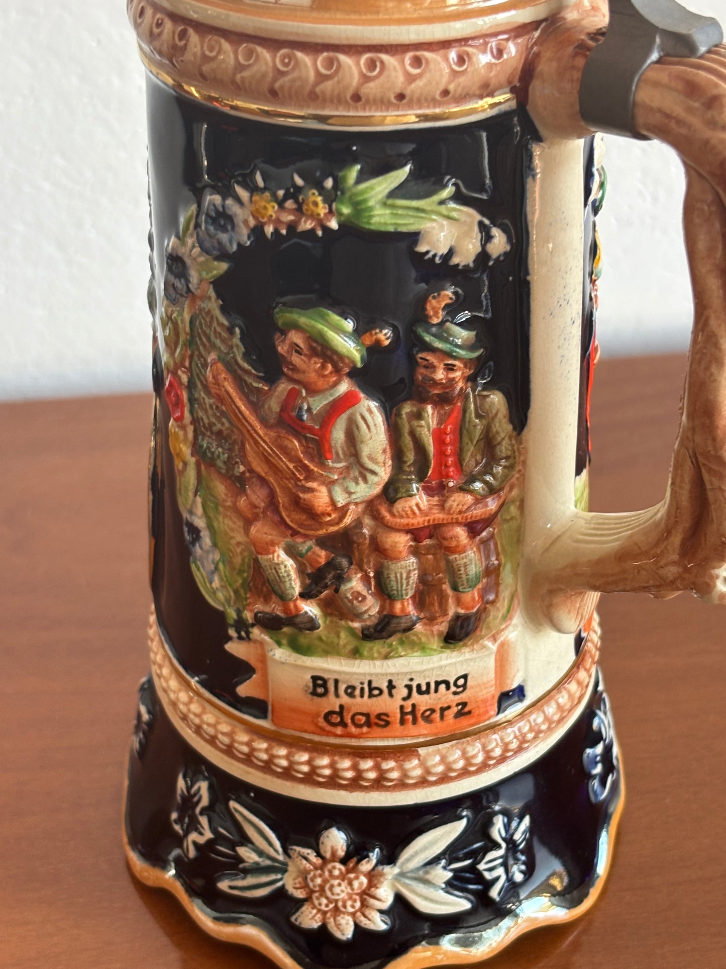 German Beer Stein with Music Box and Dancing Man – Vintage Ceramic and Metal Stein