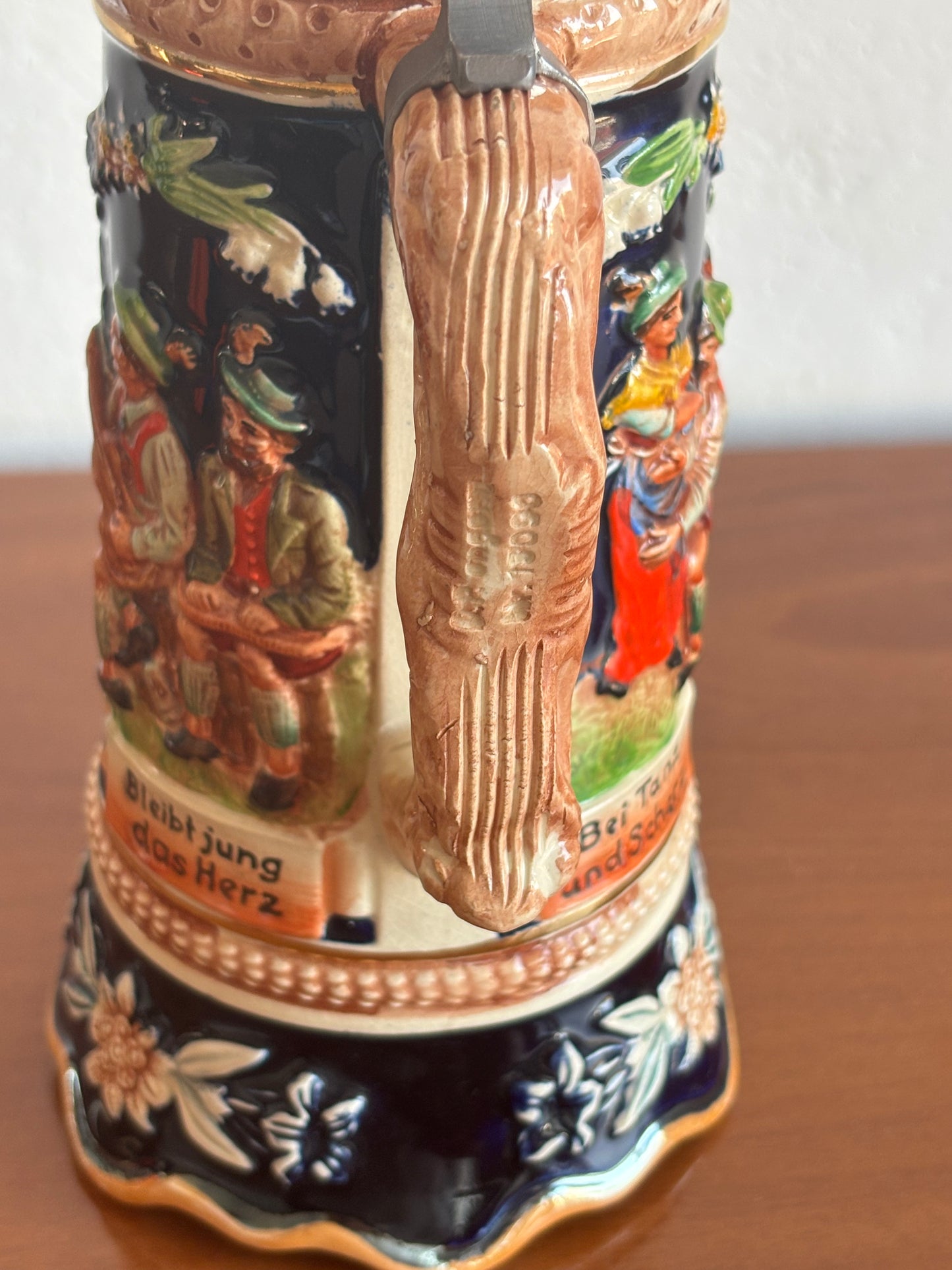 German Beer Stein with Music Box and Dancing Man – Vintage Ceramic and Metal Stein